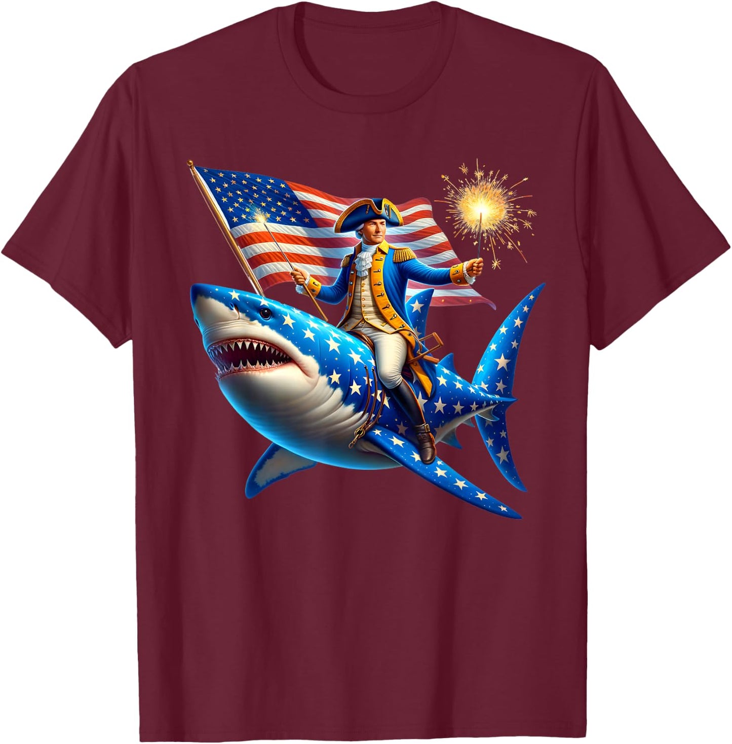 Washington Riding Shark Funny July 4th American Flag Patriot Men T-Shirt - T-Shirt | Maroon