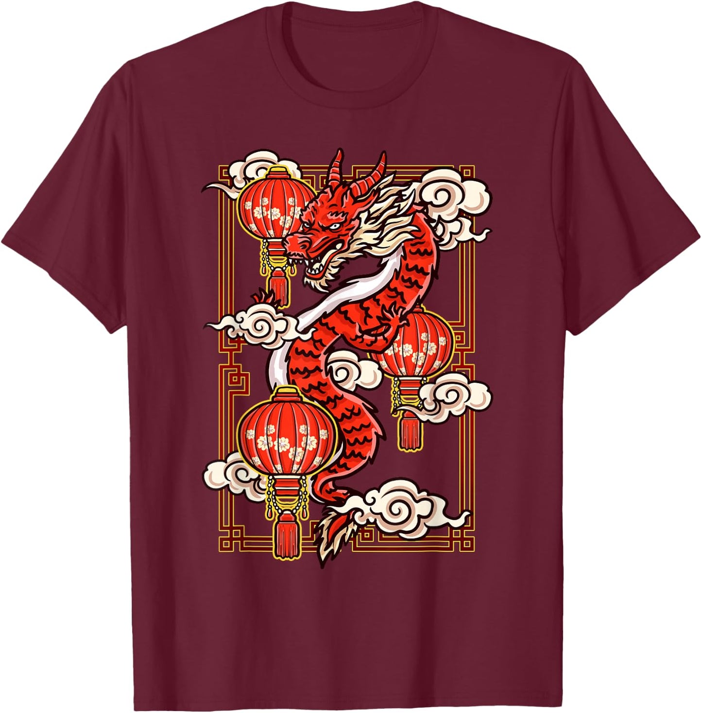 Red Chinese New Year of the Dragon 2024 Lanterns Clouds T-Shirt - T-Shirt | Maroon