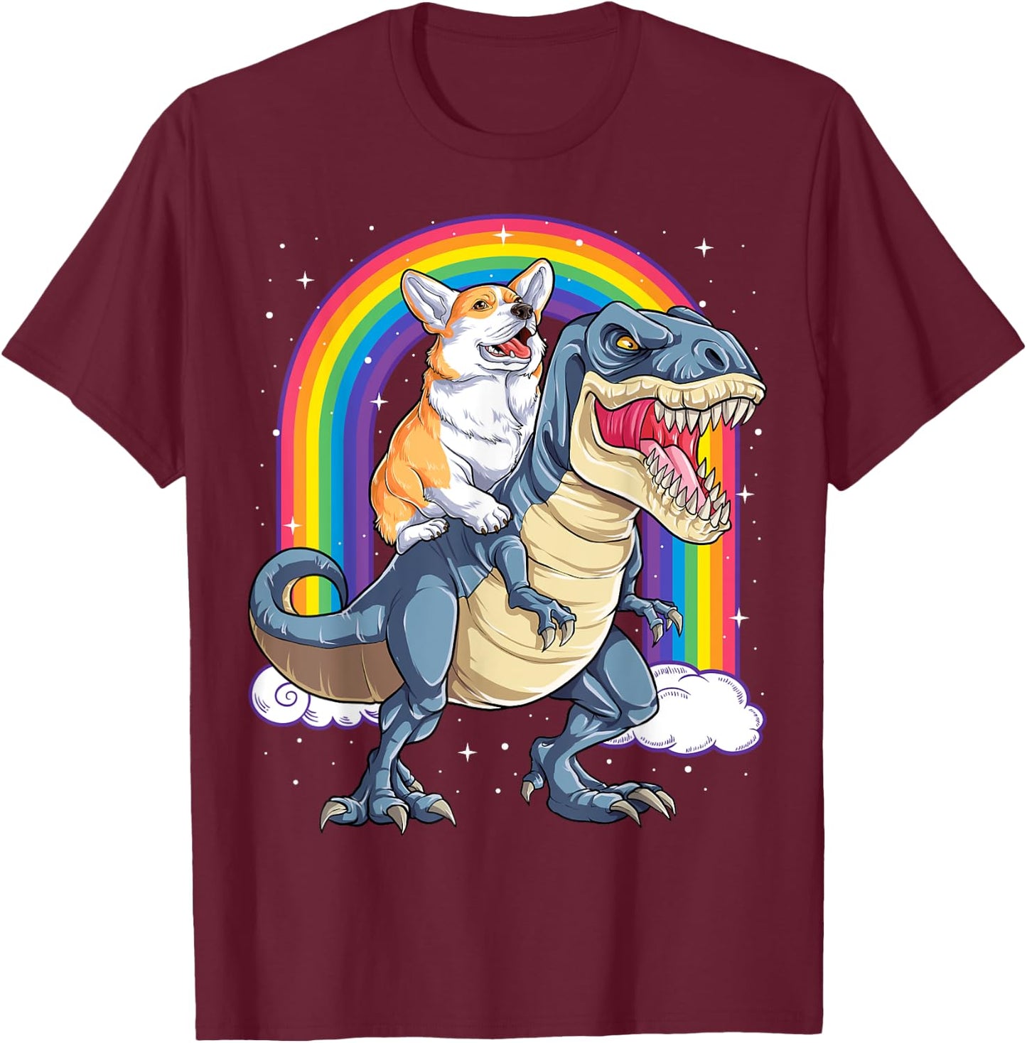 Corgi Riding Dinosaur T-rex Gifts Men Women Rainbow Funny T-Shirt - T-Shirt | Maroon