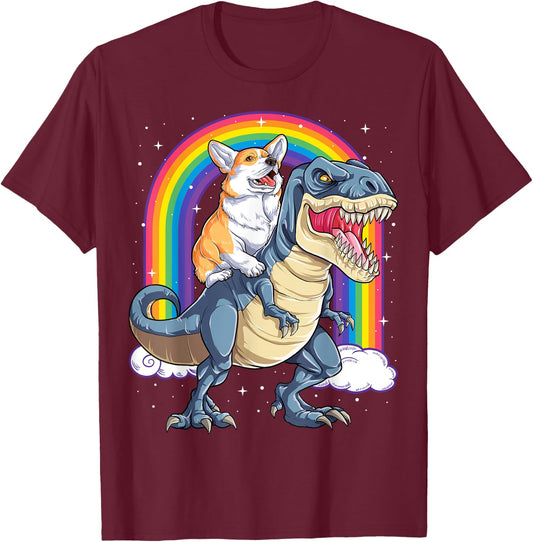 Corgi Riding Dinosaur T-rex Gifts Men Women Rainbow Funny T-Shirt - T-Shirt | Maroon