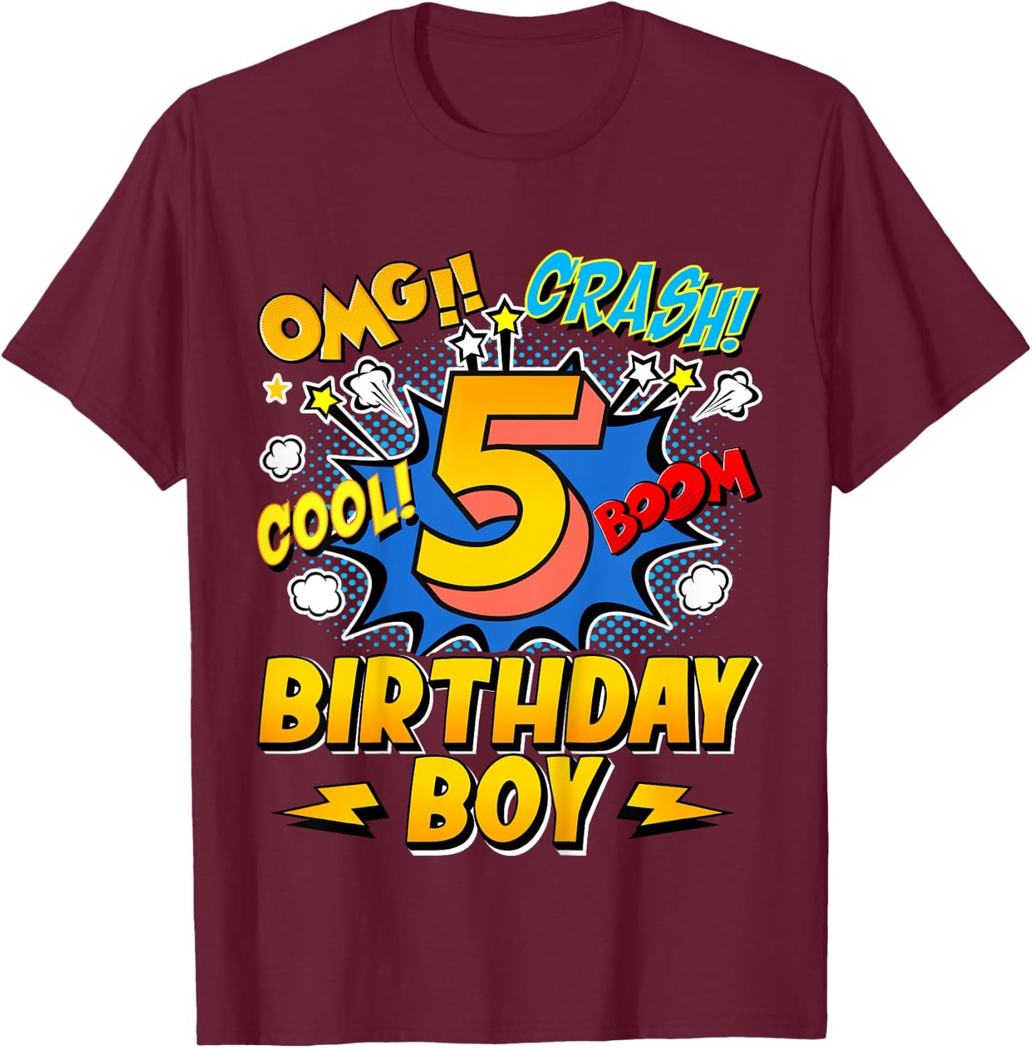 Kids Birthday Boy Comic Style 5 Years Old 5th Birthday Party T-Shirt - T-Shirt | Maroon