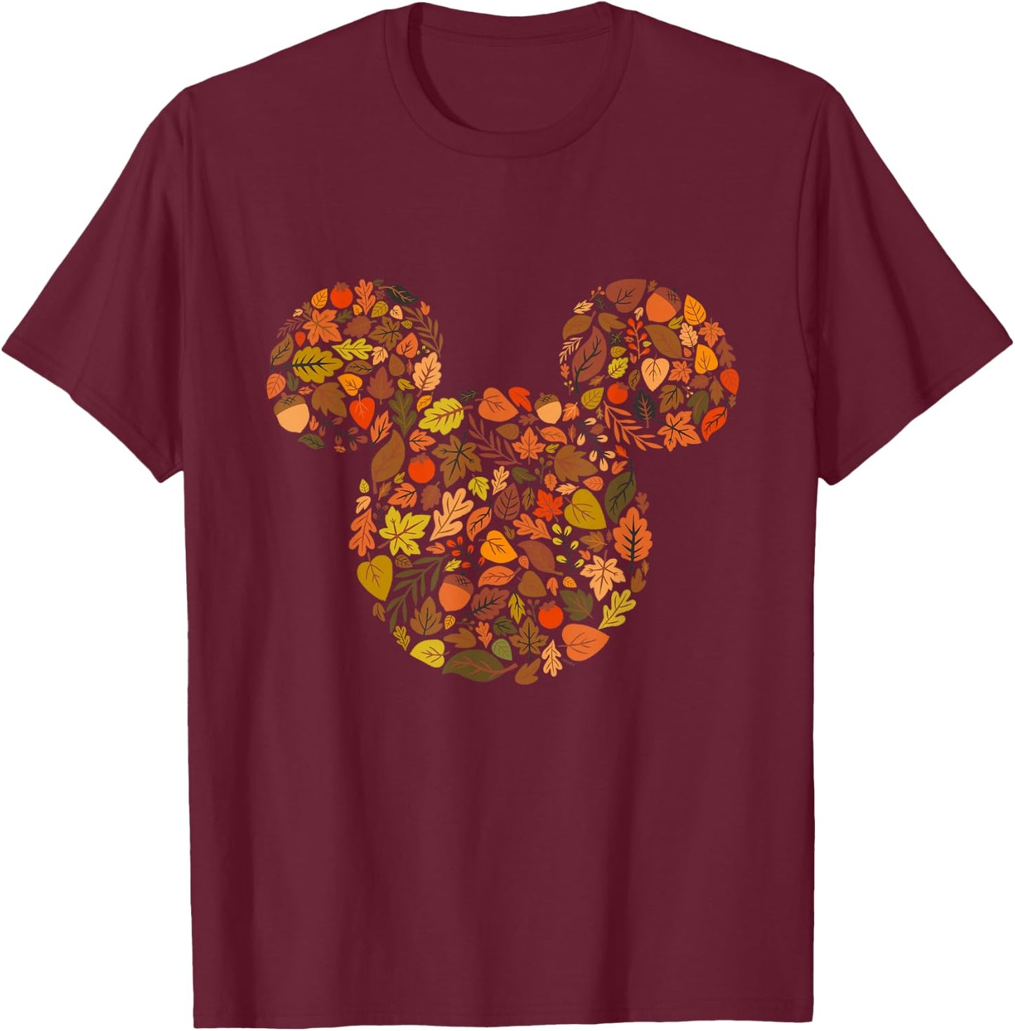 Disney Mickey Mouse Head and Ears Icon Fall Leaves T-Shirt - T-Shirt | Maroon