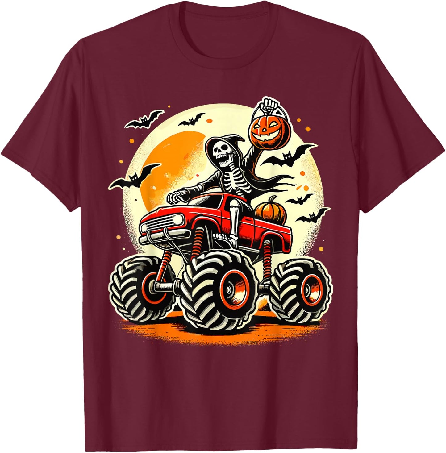 Monster Truck Lover Skeleton Halloween T-Shirt - T-Shirt | Maroon