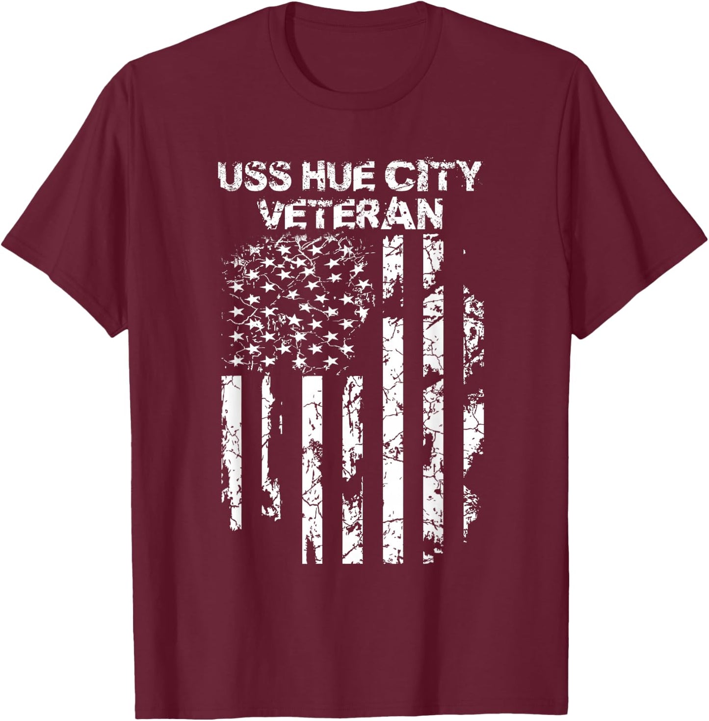 USS Hue City Military Veteran Distressed USA Flag T-Shirt - T-Shirt | Maroon