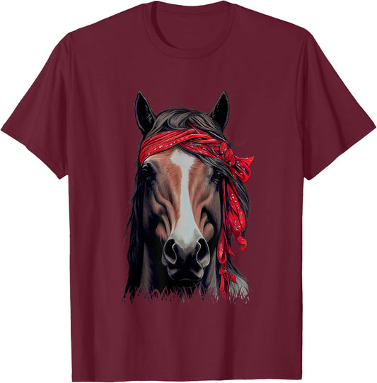 Horse With Red Bandana And Flowing Mane T-Shirt - T-Shirt | Maroon