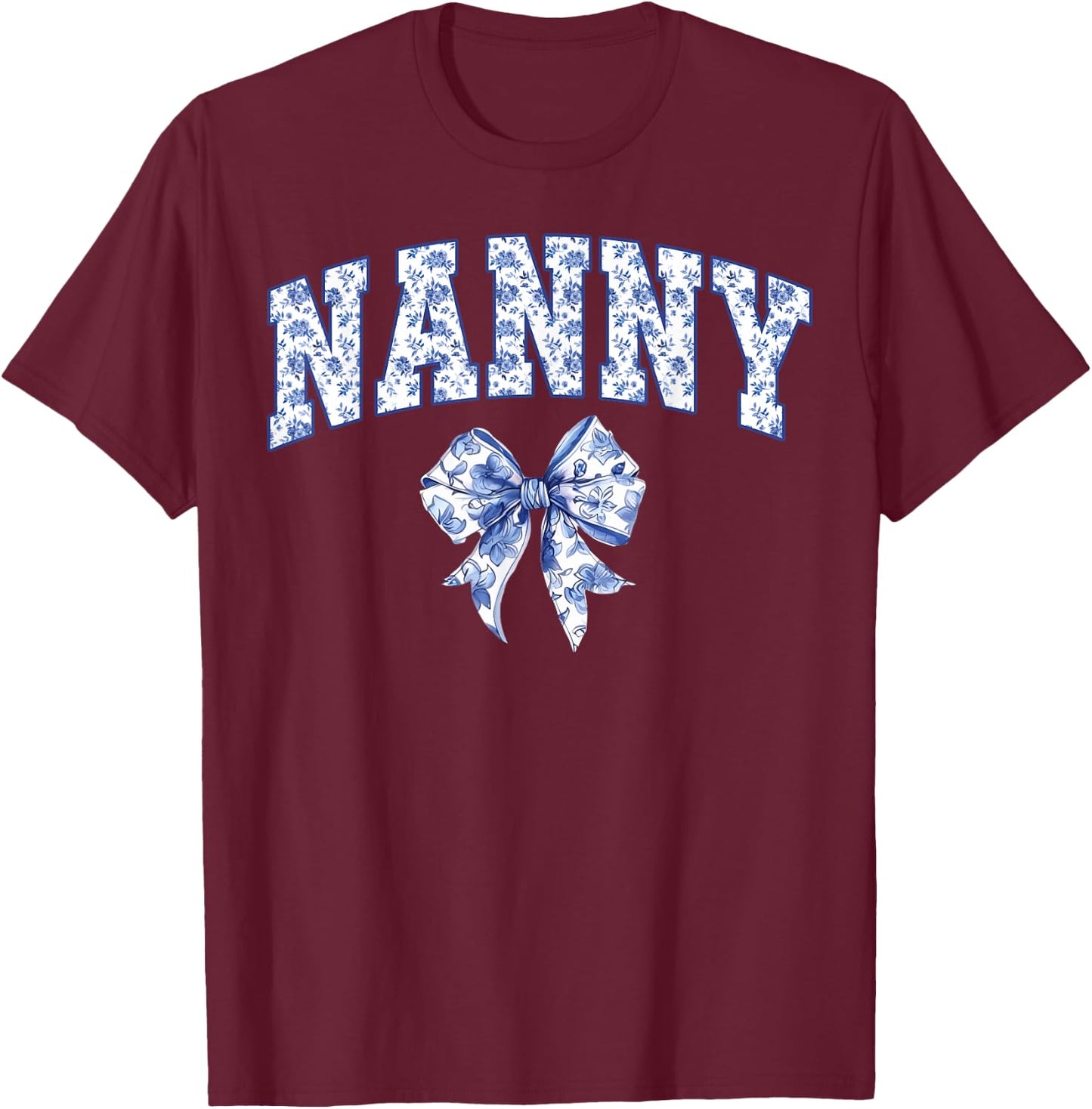 Nanny Coquette Toile Blue Bow Floral Family Matching T-Shirt - T-Shirt | Maroon
