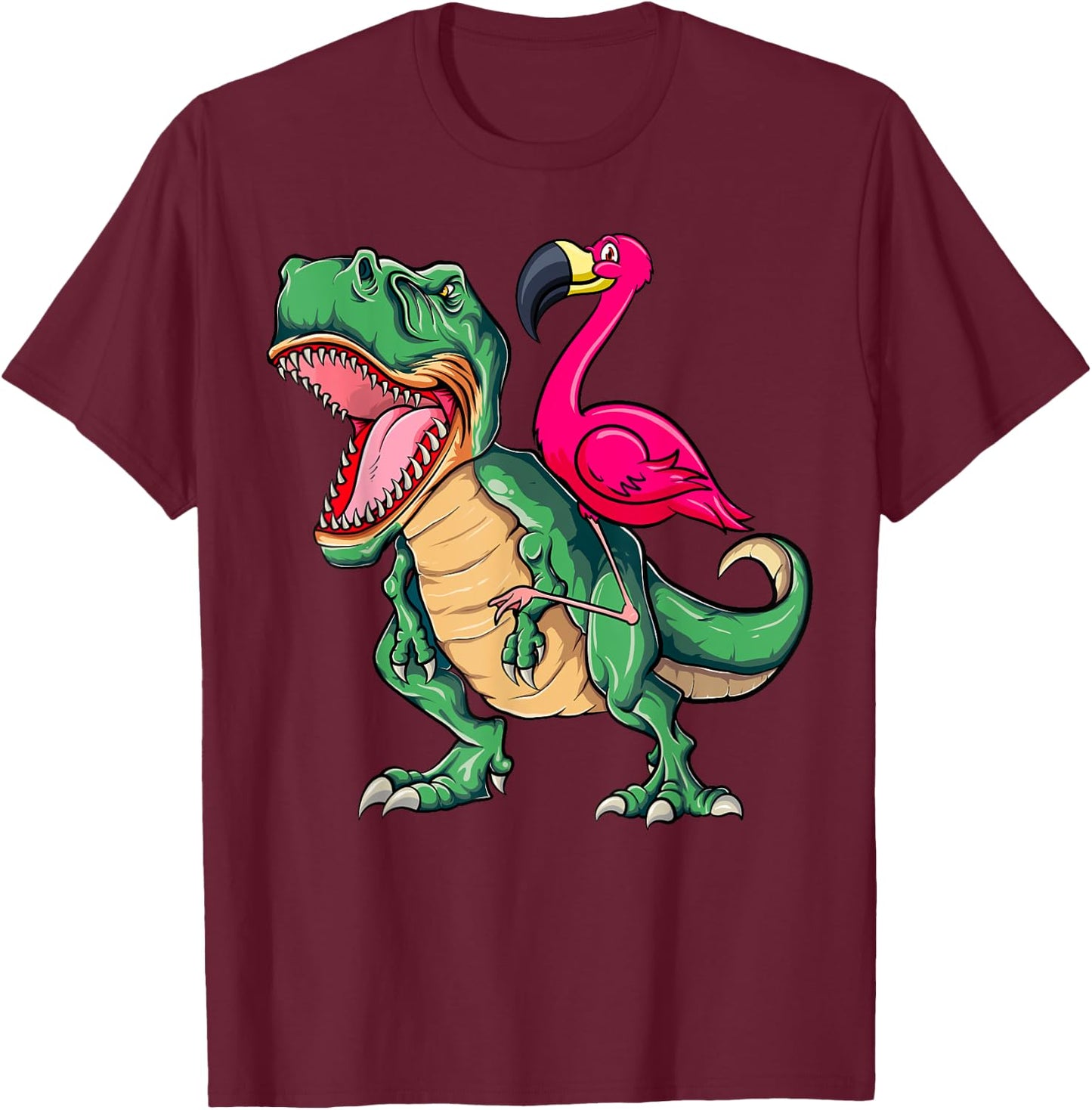 Flamingo Riding Dinosaur T rex Funny Flamingo Tyrannosaurus T-Shirt - T-Shirt | Maroon