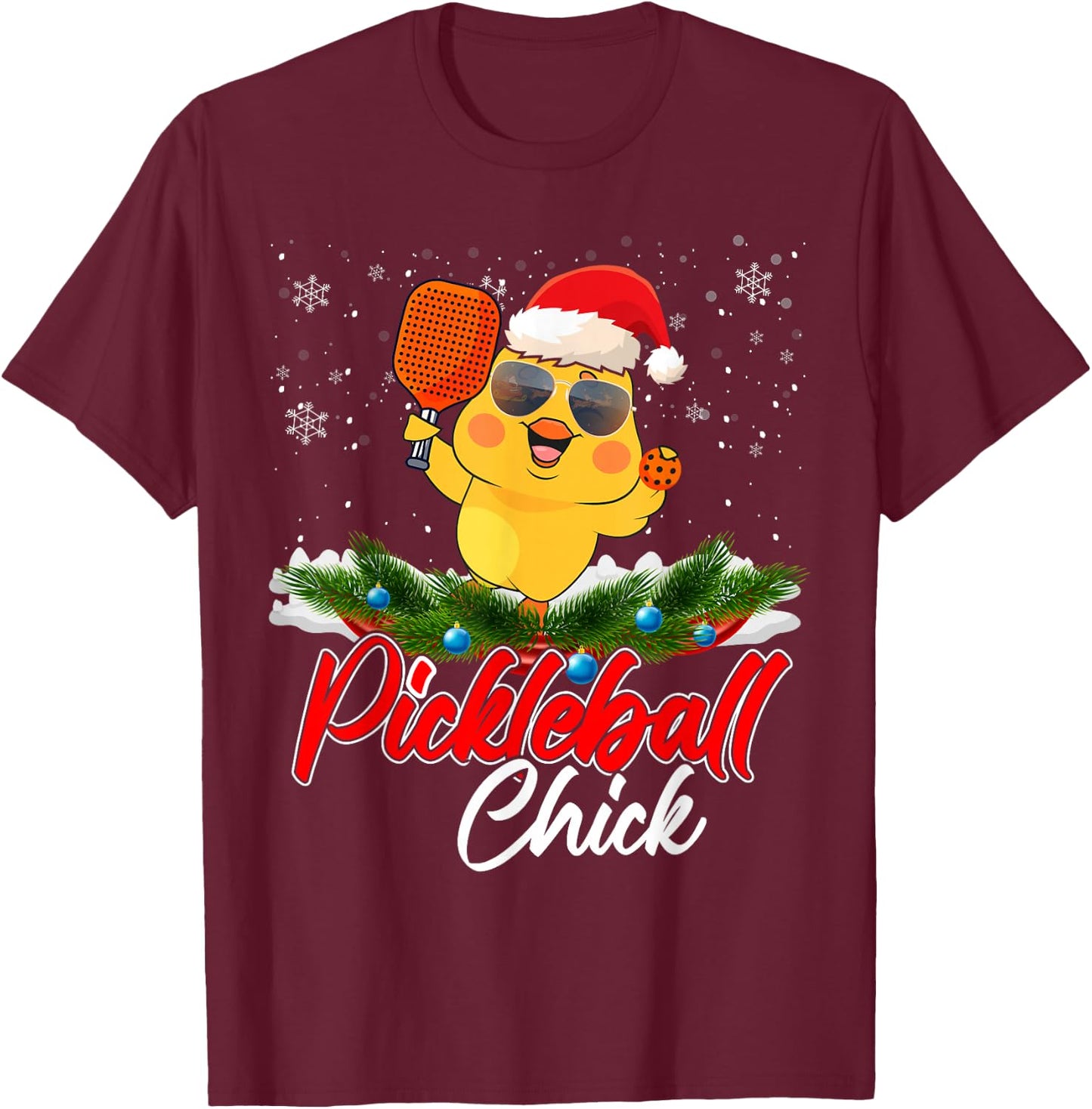 Pickleball Chick Funny Santa Hat Sunglass Snowflakes Xmas T-Shirt - T-Shirt | Maroon