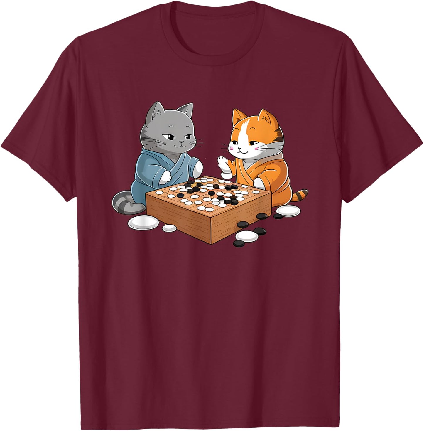 Kawaii Cat Samurais Playing Go Board Game Baduk Funny Cat T-Shirt - T-Shirt | Maroon