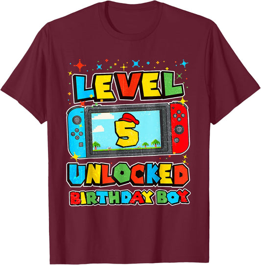 Level 5 Unlocked Birthday Boy Happy 5th Birthday Videos Game T-Shirt - T-Shirt | Maroon