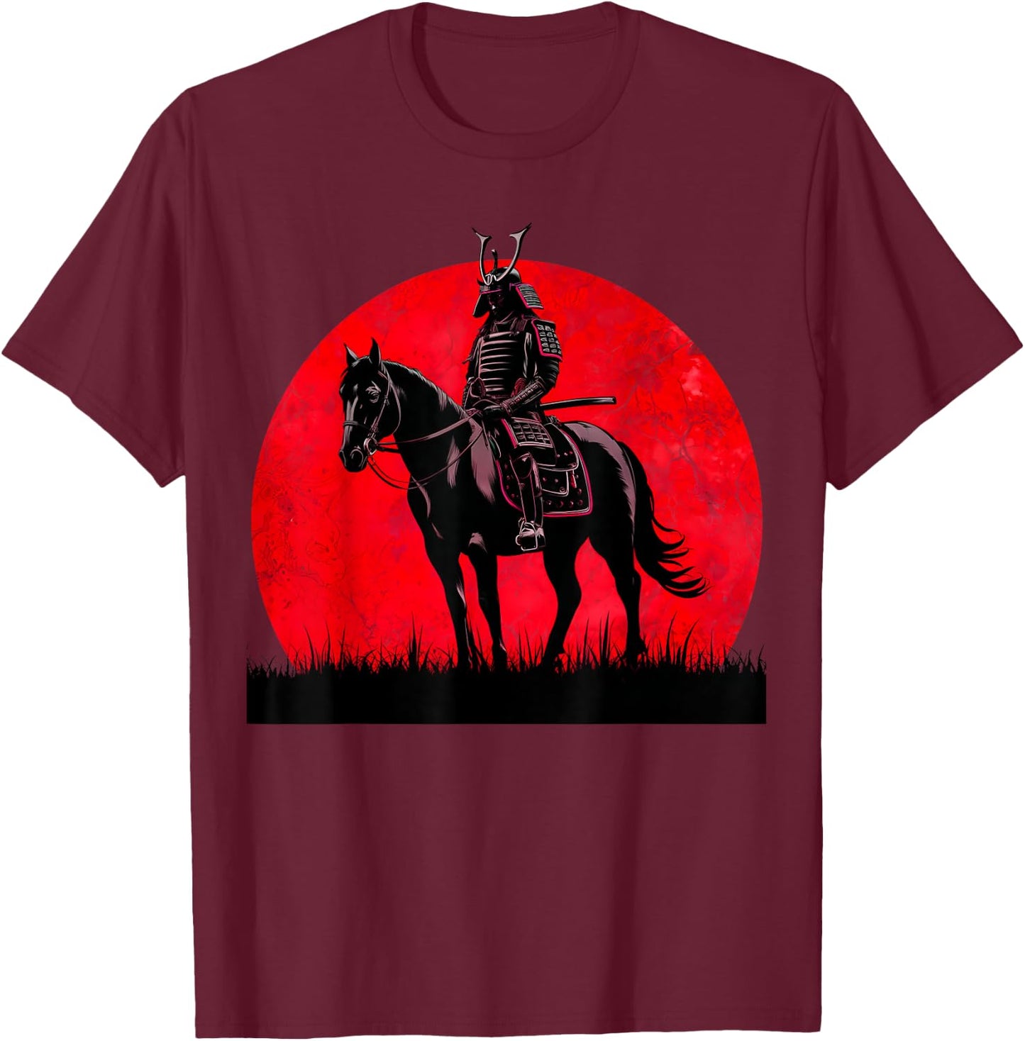 Japanese Samurai Warrior Riding Horse Sword Bushido Moon T-Shirt - T-Shirt | Maroon