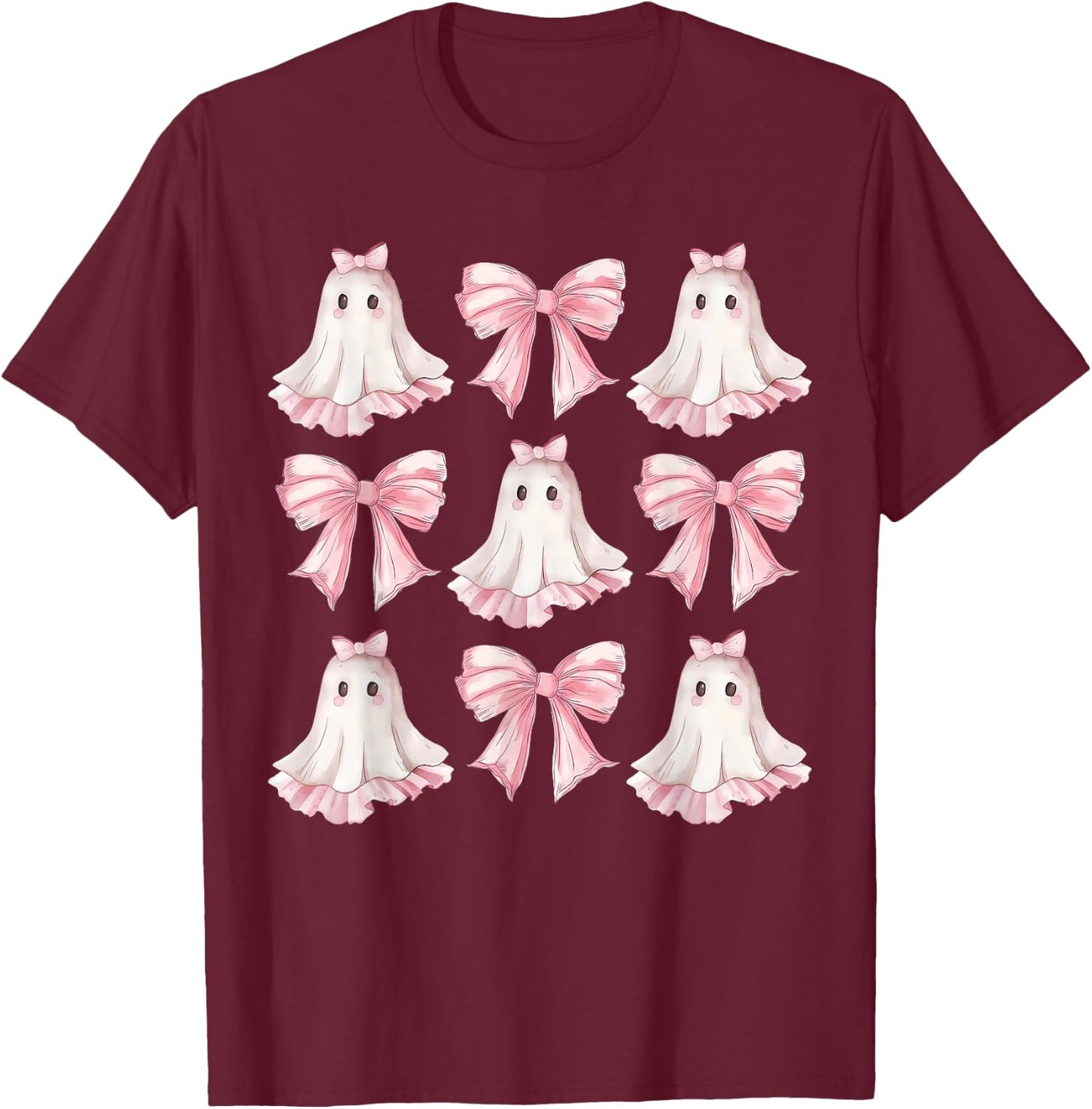 Retro Pink Bow Ghost Shirt | Cute Ghost Graphic Girl Women T-Shirt - T-Shirt | Maroon
