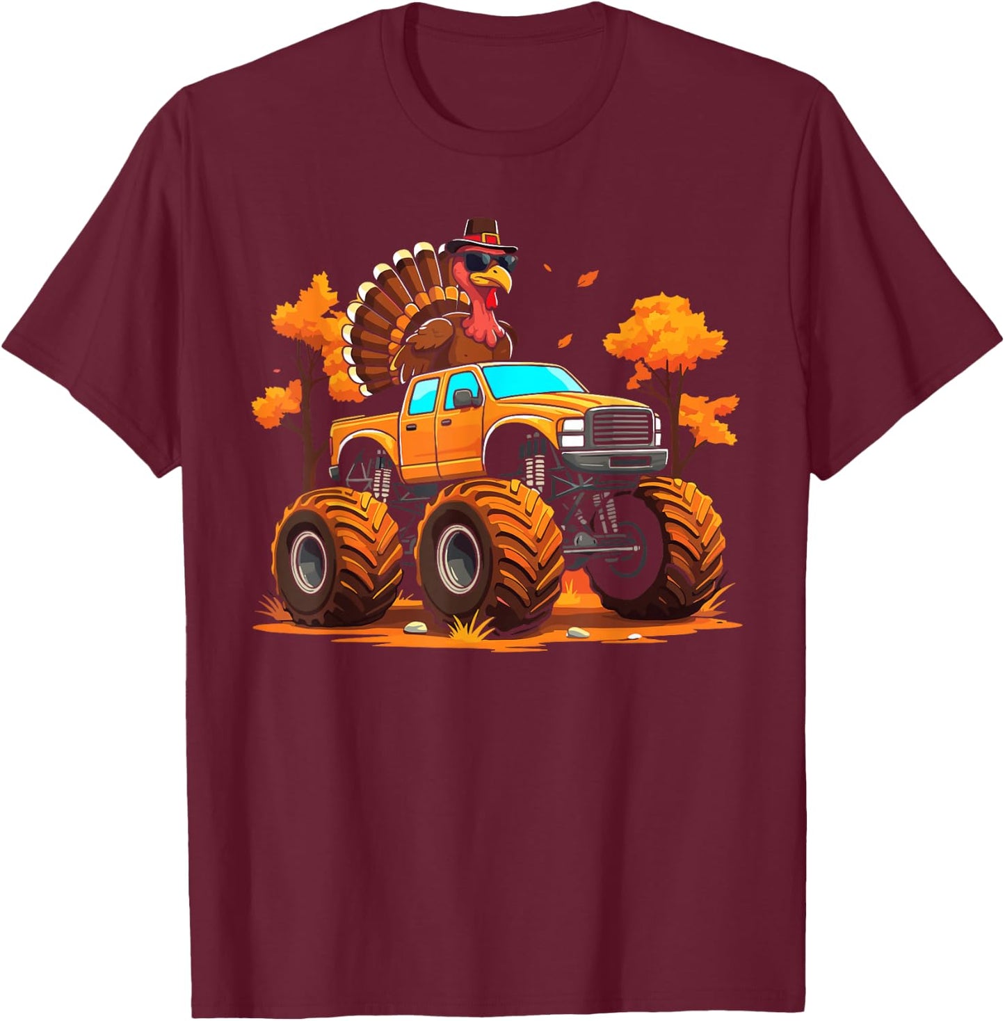 Turkey riding monster truck thanksgiving fall kids T-Shirt - T-Shirt | Maroon