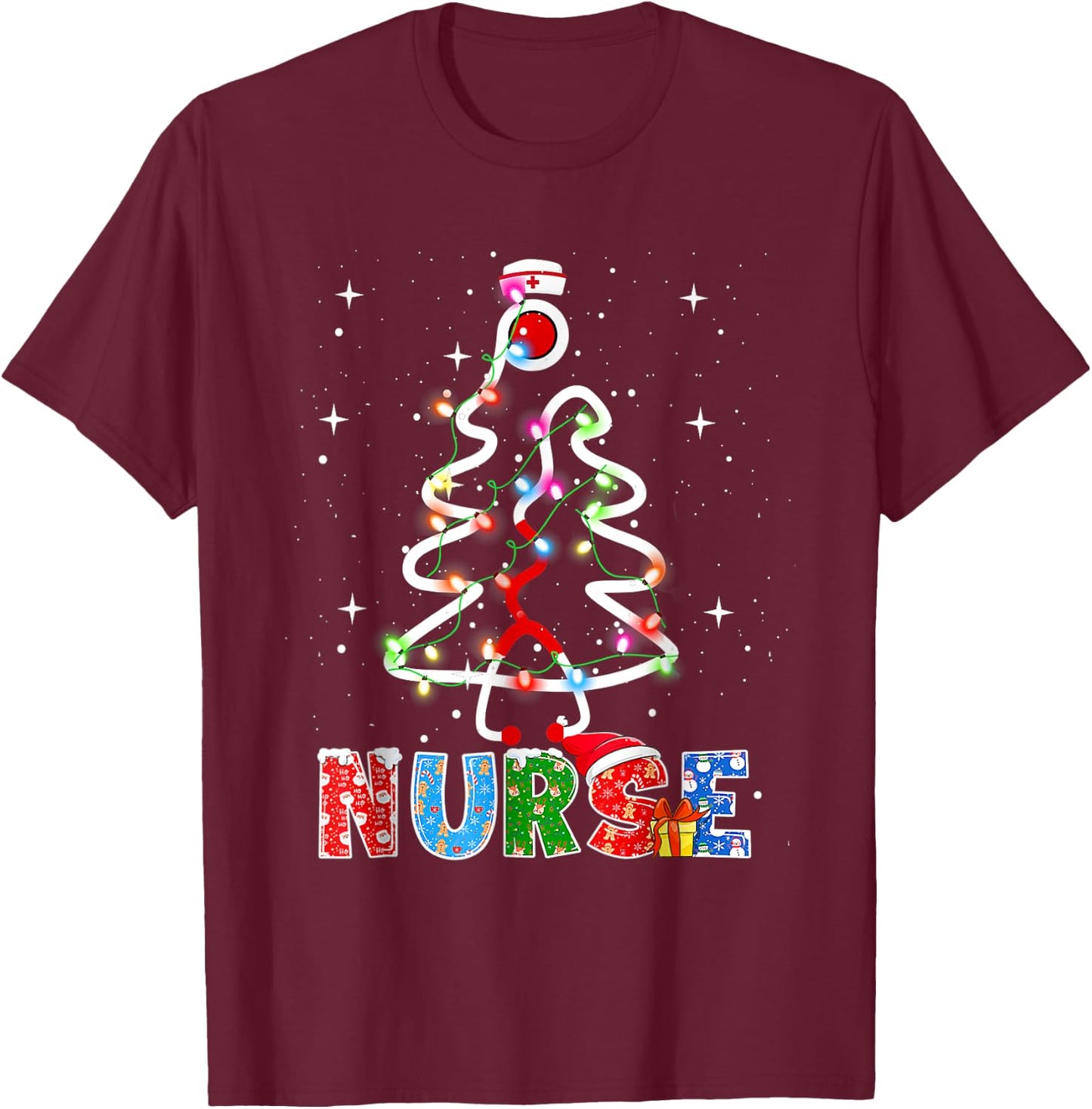 Nurse Christmas Tree Stethoscope RN LPN Scrub Nursing X-mas T-Shirt - T-Shirt | Maroon