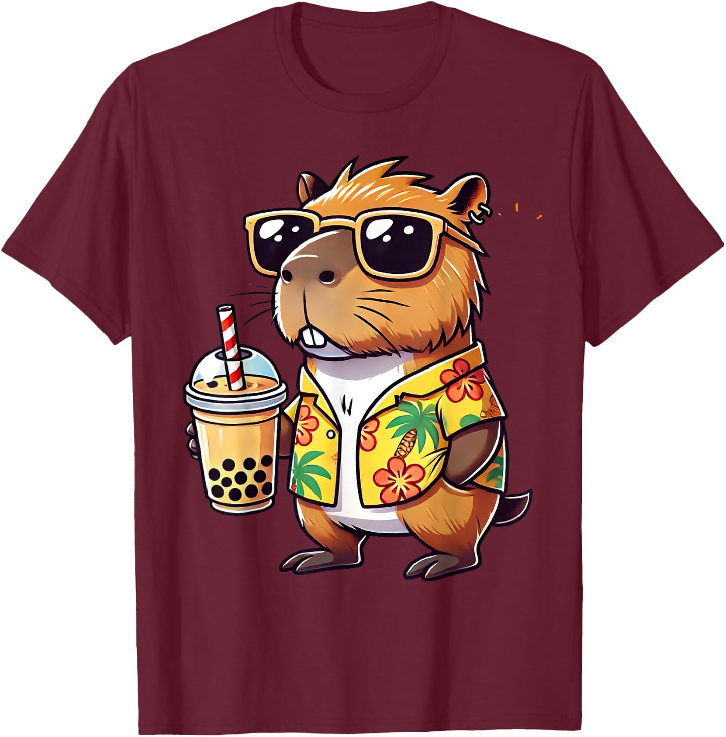 Funny Capybara Summer Hawaii Boba Tea Sunglass Men Women T-Shirt - T-Shirt | Maroon
