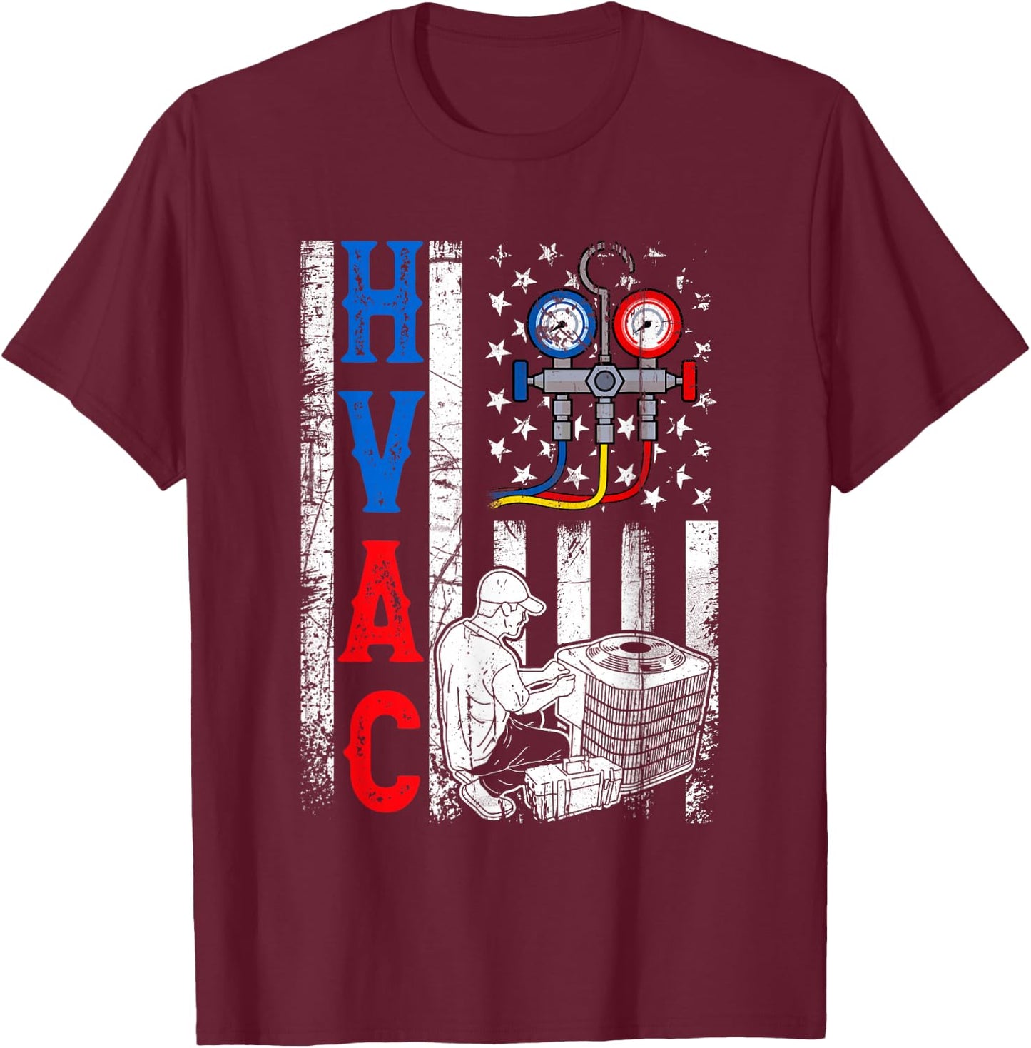 Distressed Proud USA HVAC Tech American Flag HVAC Technician T-Shirt - T-Shirt | Maroon