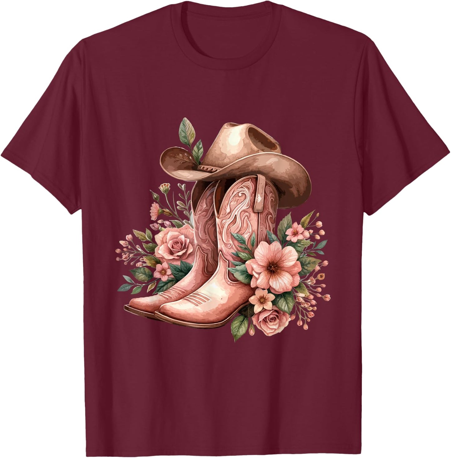 Boho Watercolor Cowgirl Boots Hat Floral Boots Western Boots T-Shirt - T-Shirt | Maroon