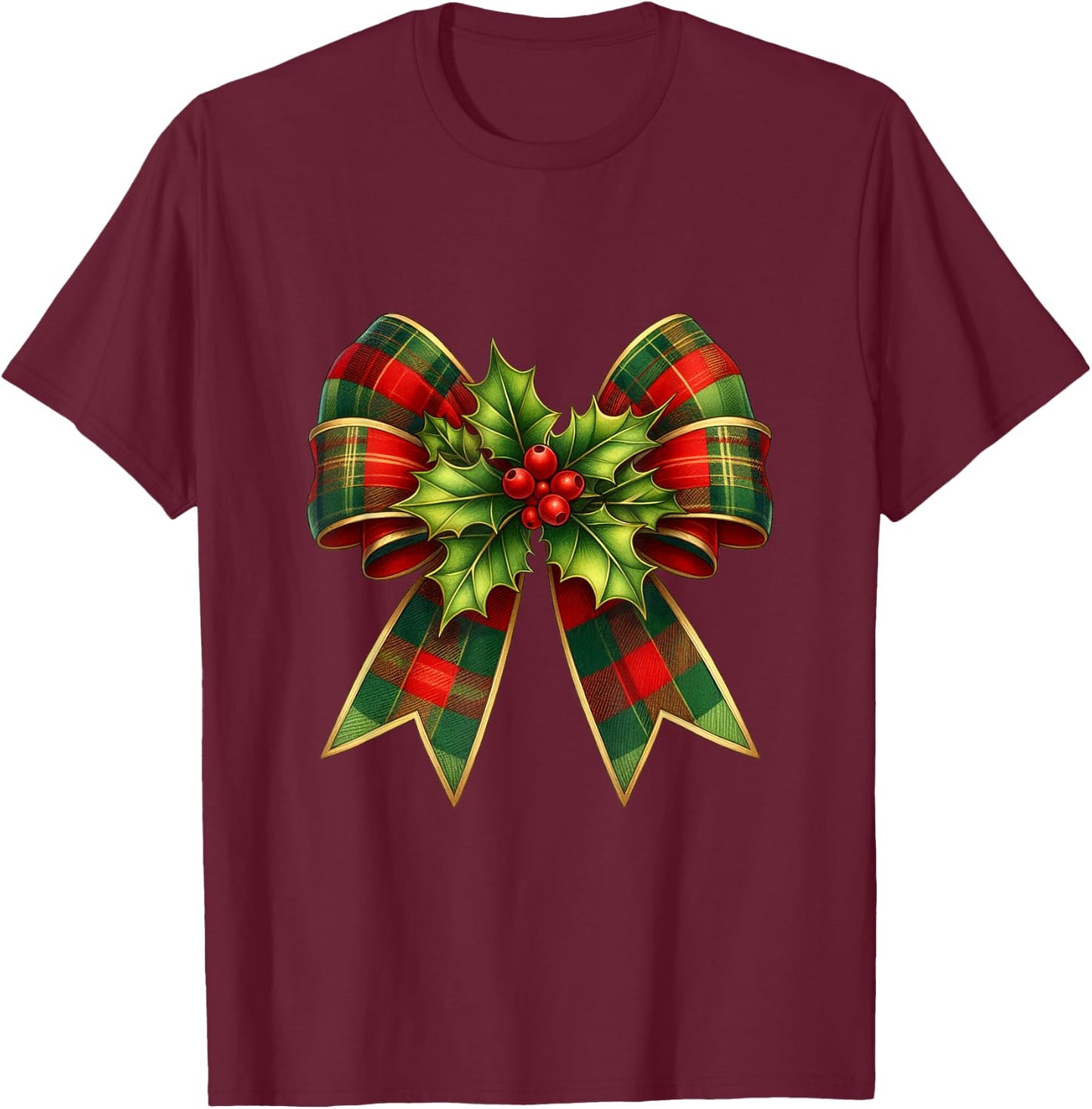 Holly Berries Christmas Coquette Bow Xmas Plaid Women Girls T-Shirt - T-Shirt | Maroon
