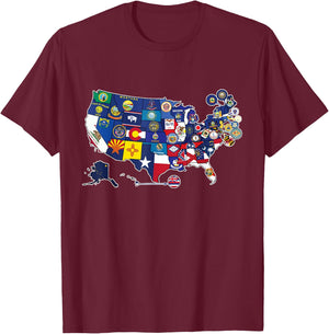 Map of The United States with The Flag of Every States - USA T-Shirt - T-Shirt | Maroon