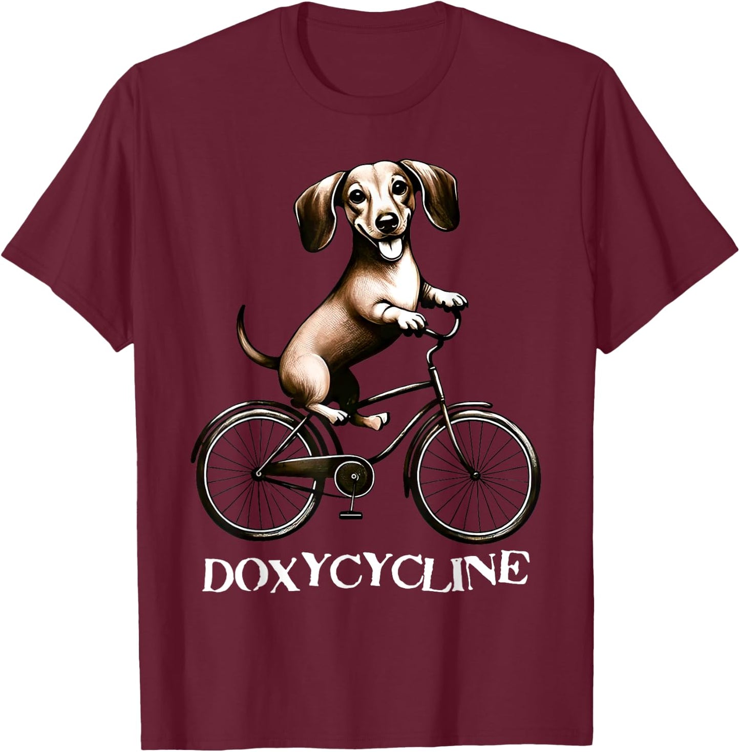 Doxycycline Pharmacy Pun Dachshund On Bicycle Veterinary T-Shirt - T-Shirt | Maroon