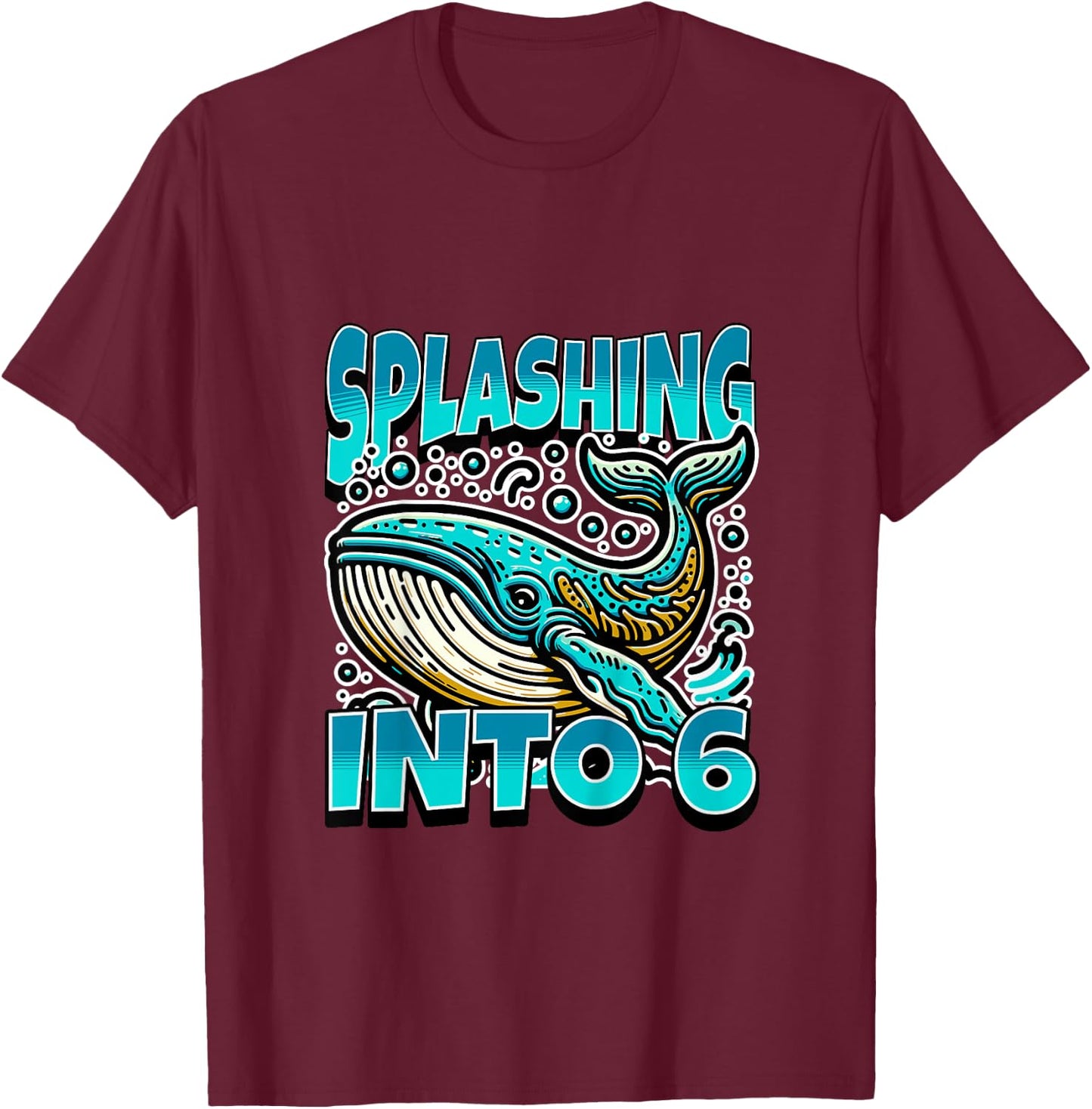 Kids Whale Splashing Into 6 Year Old 6th Birthday Boy T-Shirt - T-Shirt | Maroon