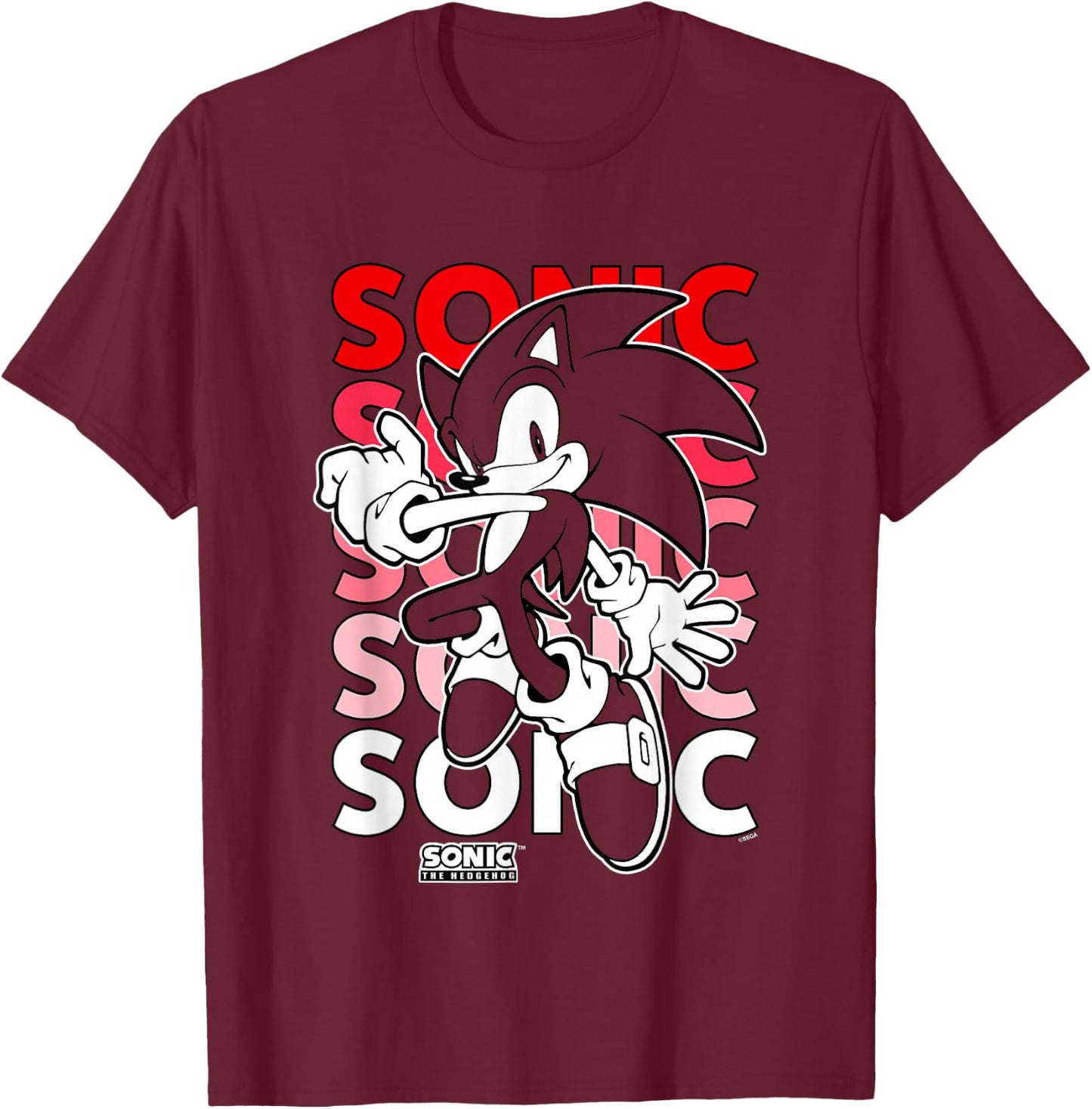 Sonic The Hedgehog Stacked Repeating Name Retro Shot T-Shirt - T-Shirt | Maroon
