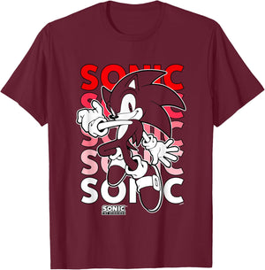 Sonic The Hedgehog Stacked Repeating Name Retro Shot T-Shirt - T-Shirt | Maroon