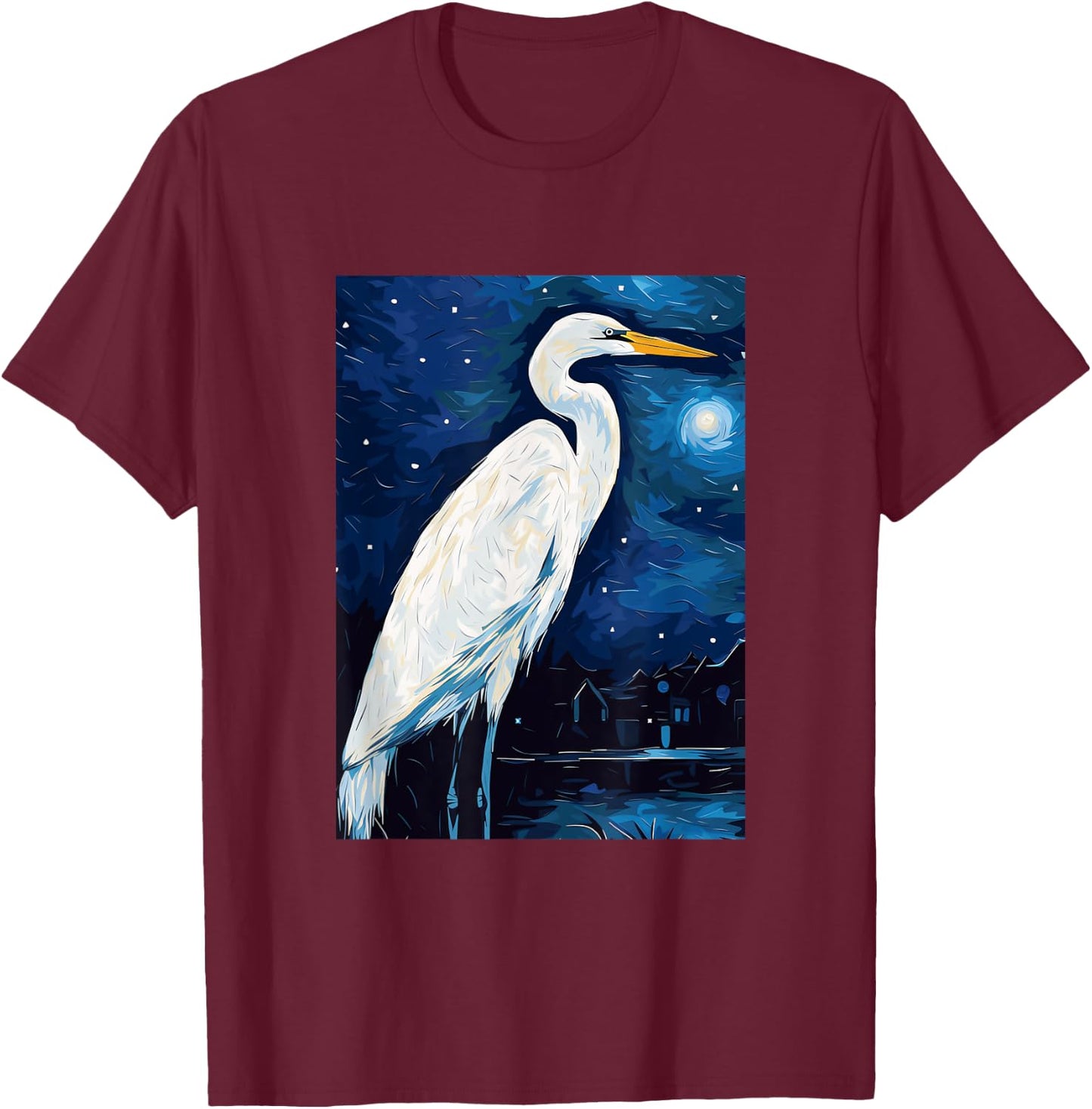 Great Egret Starry Night Painting Men Women Kids T-Shirt - T-Shirt | Maroon