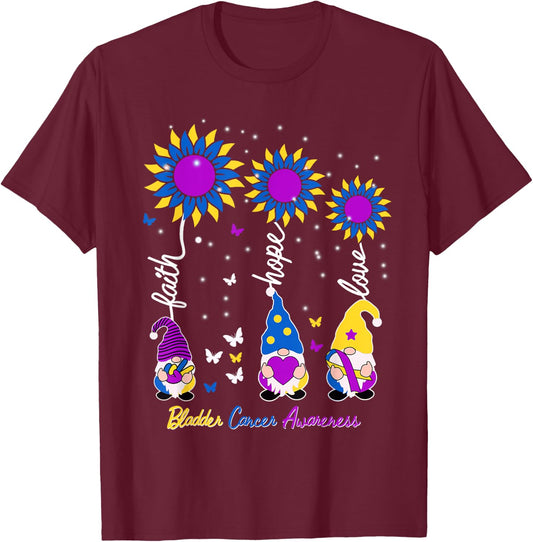 Faith Hope Love Gnome Ribbon Bladder Cancer Awareness Gifts T-Shirt - T-Shirt | Maroon