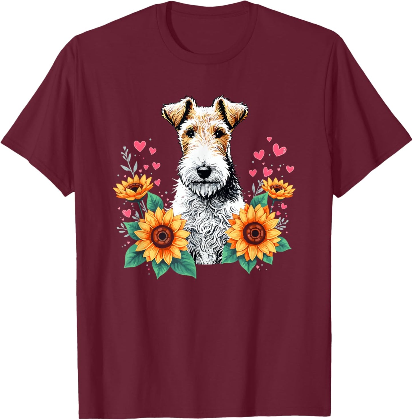 Sunflowers Wire Fox Terrier T-Shirt - T-Shirt | Maroon