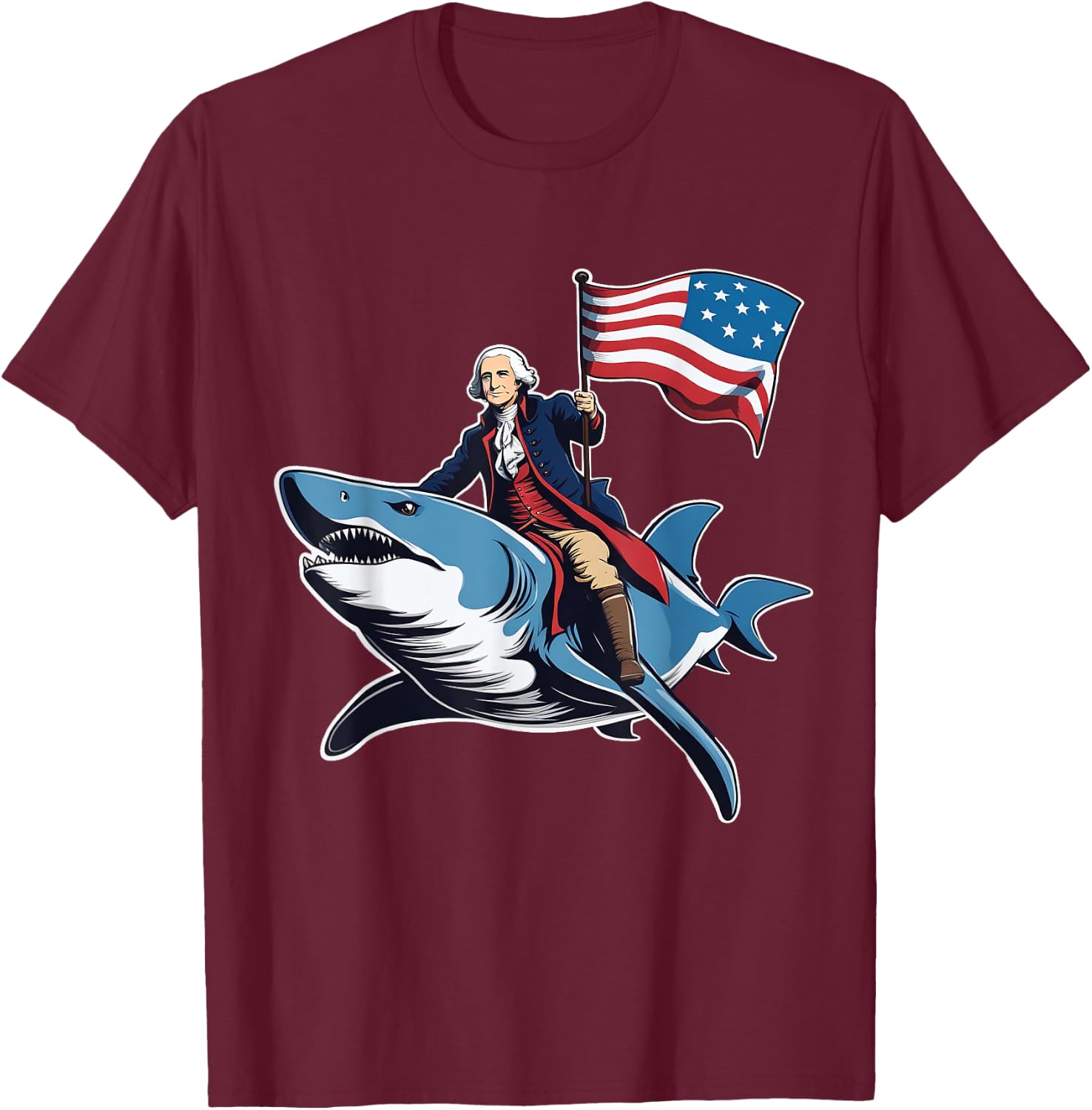 Awesome Patriotic George Washington 4th Of July Shark Riding Women Kids Men T-Shirt - T-Shirt | Maroon