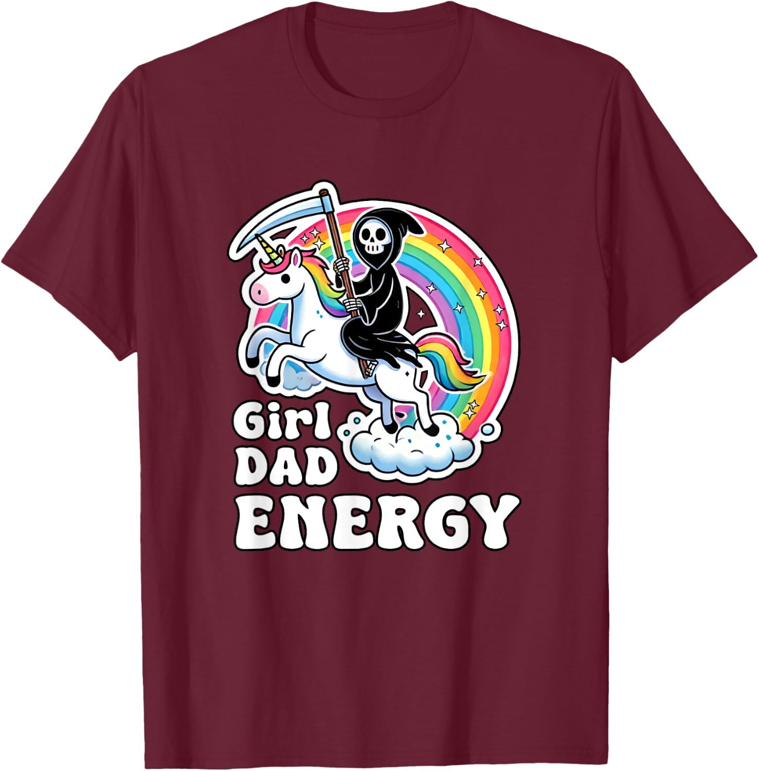 Funny Girl Dad Energy Retro Unicorn Grim Reaper T-Shirt - T-Shirt | Maroon
