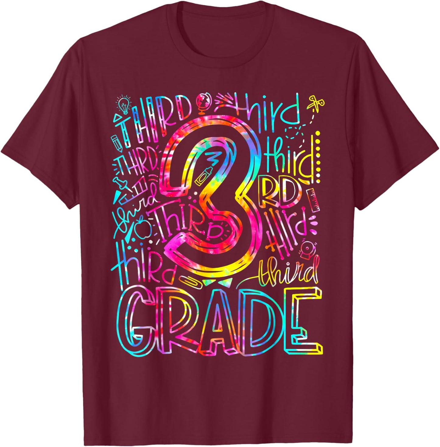 Tie Dye 3rd Grade Typography Team Third Grade Teacher Gift T-Shirt - T-Shirt | Maroon