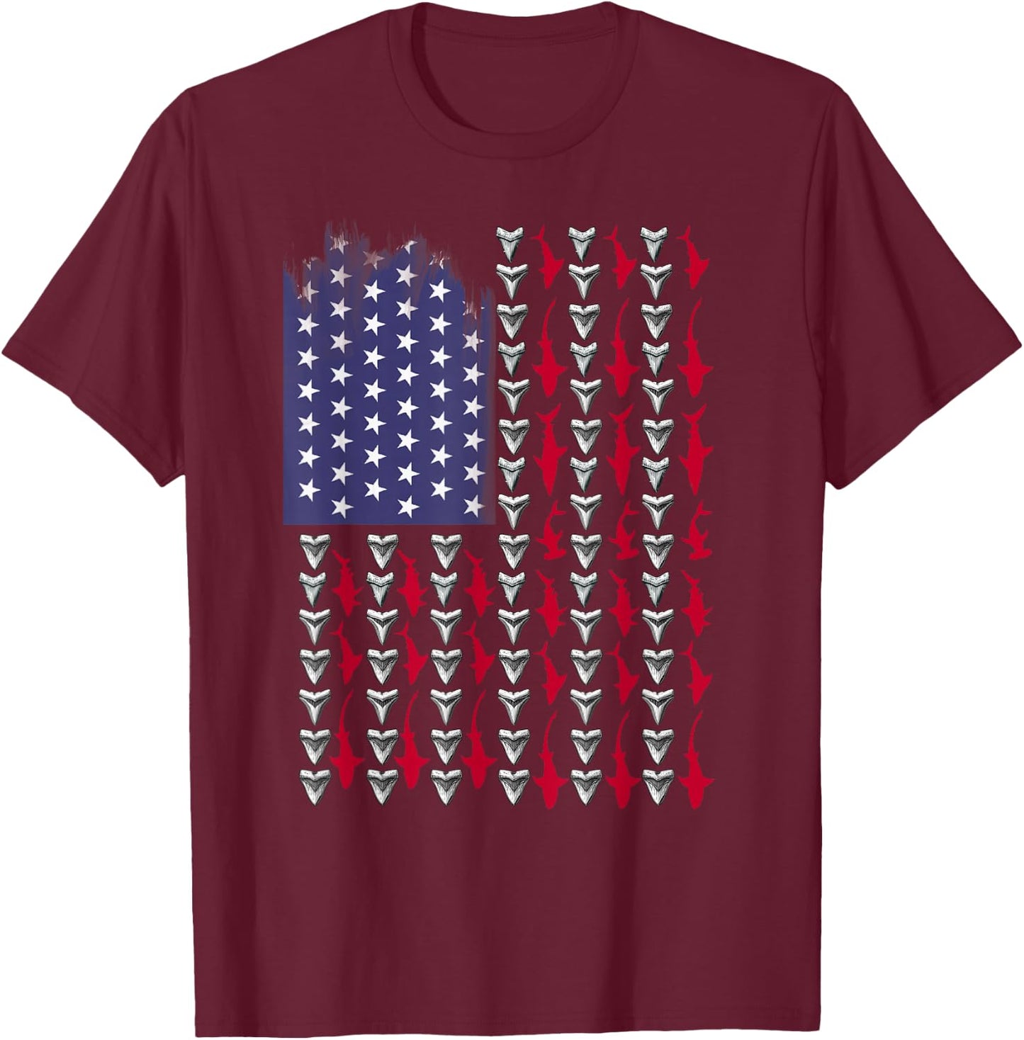 Sharks and Shark Teeth American Flag T-Shirt - T-Shirt | Maroon