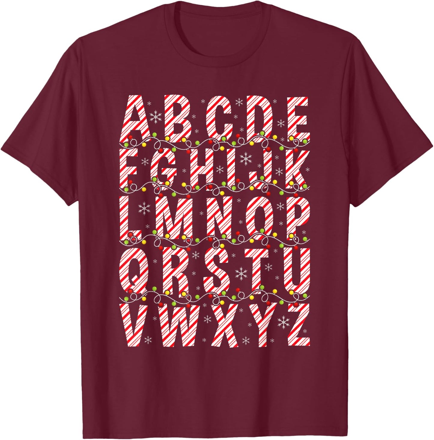 Candy Cane Alphabet Christmas Lights Teacher School ABC T-Shirt - T-Shirt | Maroon