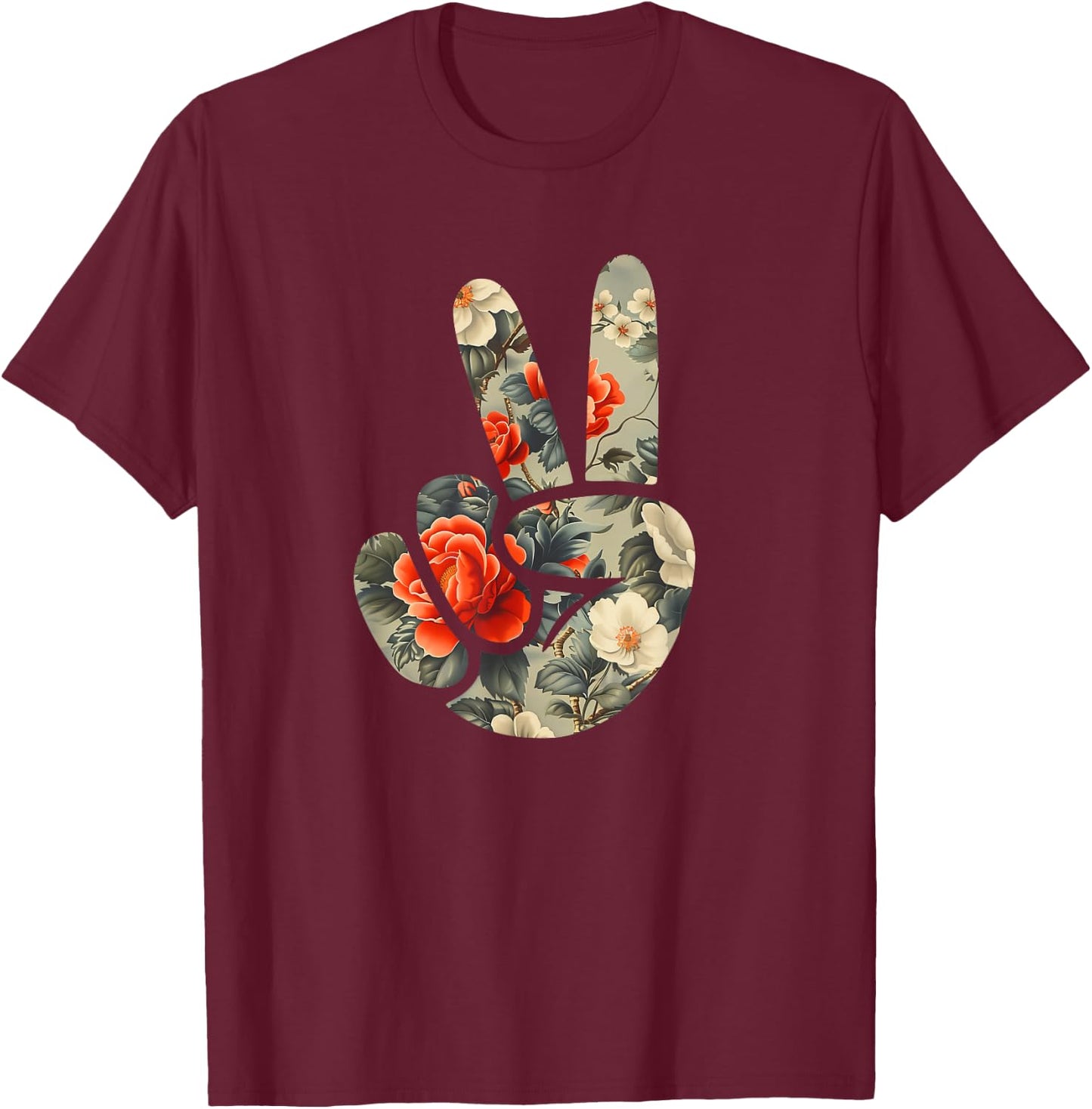 Elegant Silhouette Wildflowers Floral Peace Sign Hand T-Shirt - T-Shirt | Maroon