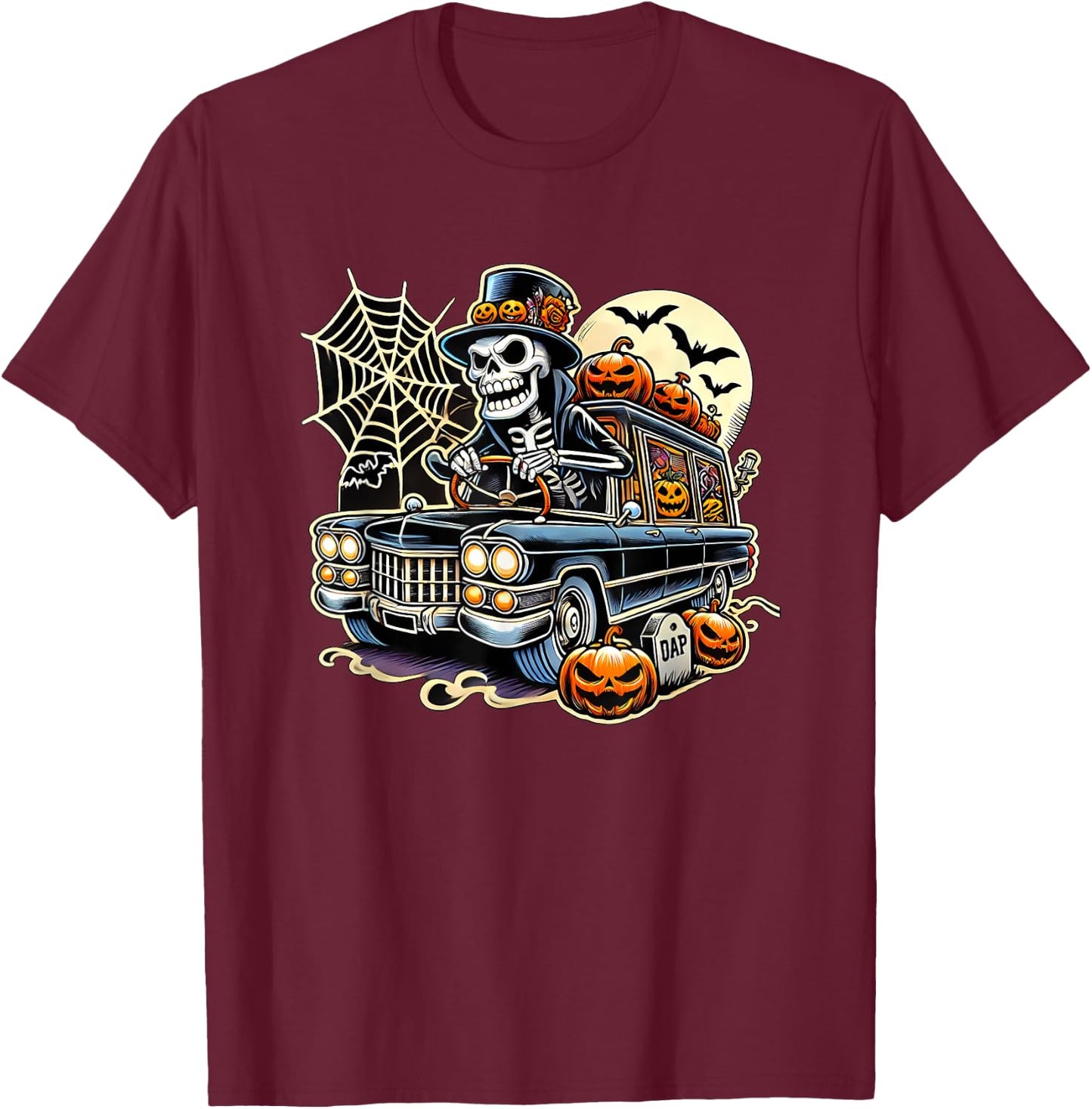 Halloween Skeleton Hearse T-Shirt - T-Shirt | Maroon
