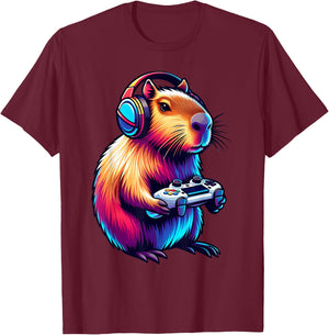 Gaming Capybara Rodent Playing Video Games Gamer Headphones T-Shirt - T-Shirt | Maroon