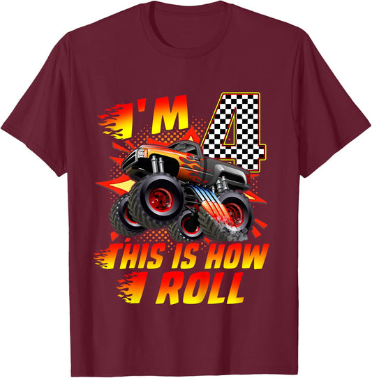 Kids I'm 4 This Is How I Roll Monster Truck Car 4th Birthday Boys T-Shirt - T-Shirt | Maroon