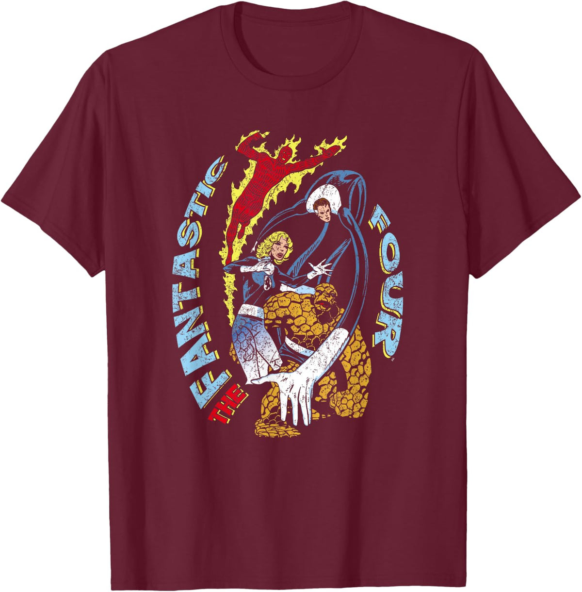 Marvel Fantastic Four Group Shot Comic Distressed Logo T-Shirt - T-Shirt | Maroon