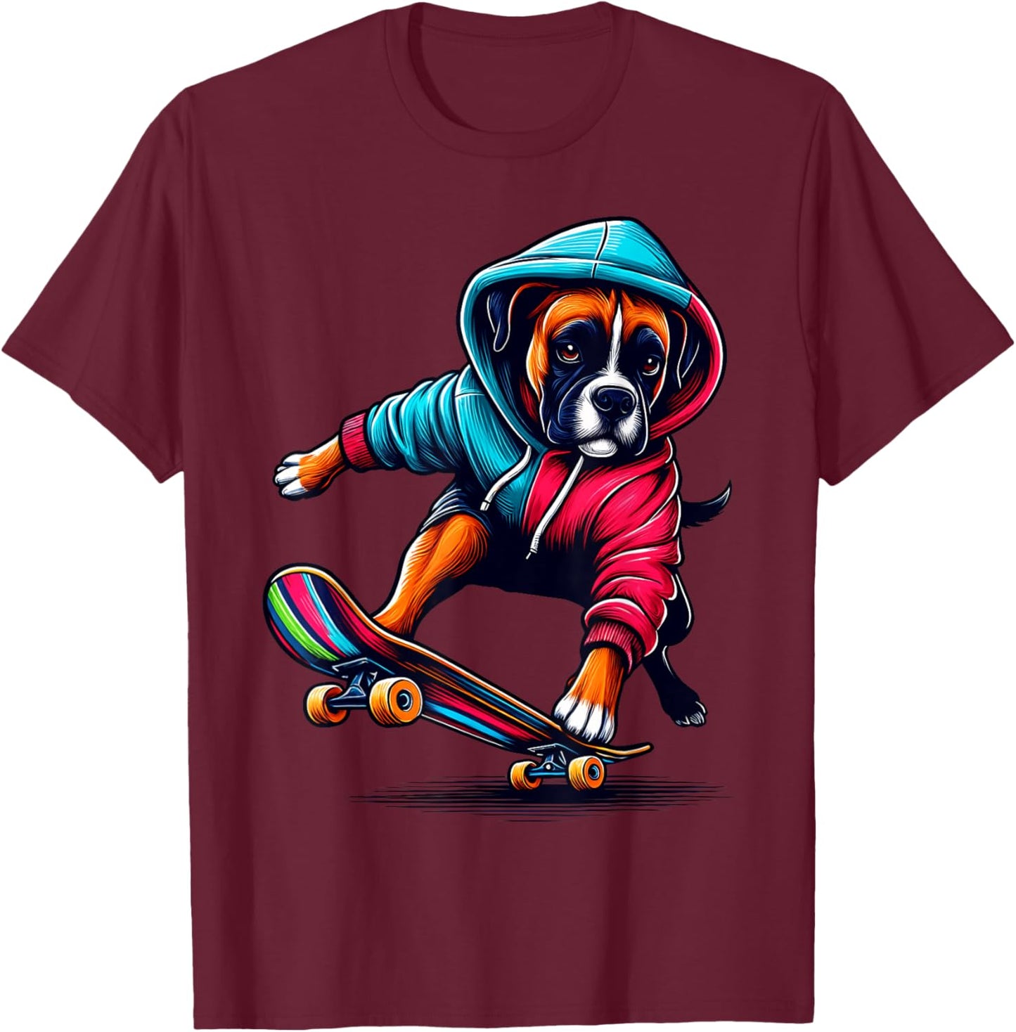 Cool Boxer Dog Skateboarding Illustration Art Men Women Girls Kids T-Shirt - T-Shirt | Maroon