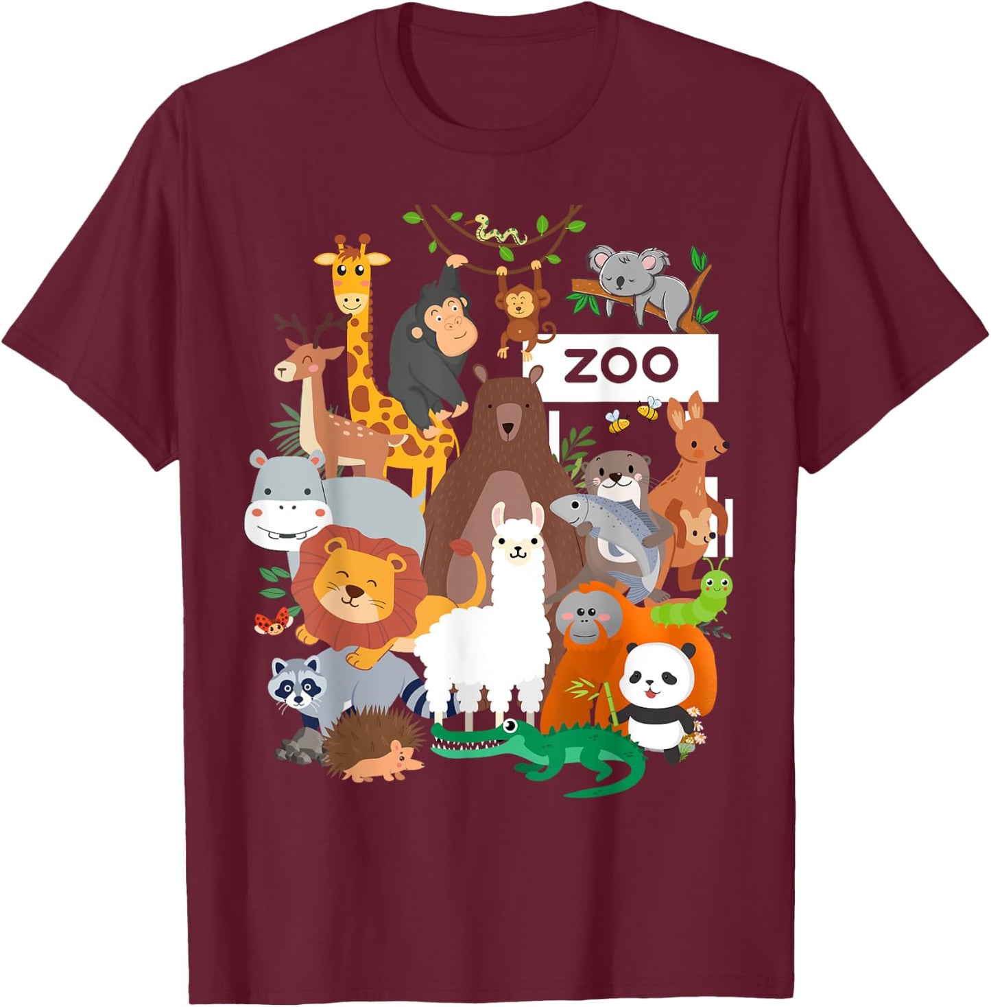 Men Women and Kids Wildlife Zoo Day Party Cute 23 Animals T-Shirt - T-Shirt | Maroon