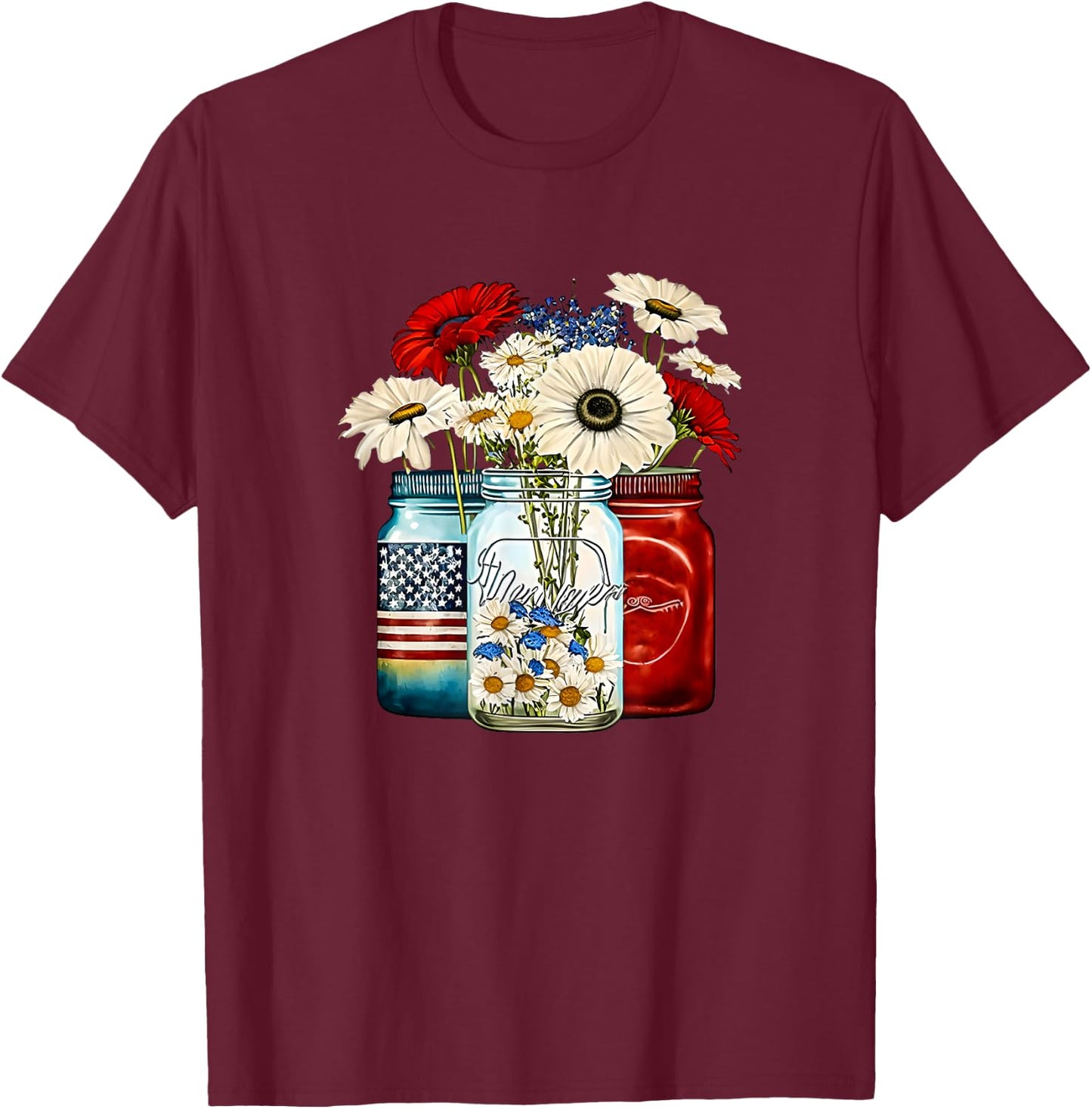 American Patriotic USA Flag Jars with Daisy 4th Of July Men T-Shirt - T-Shirt | Maroon