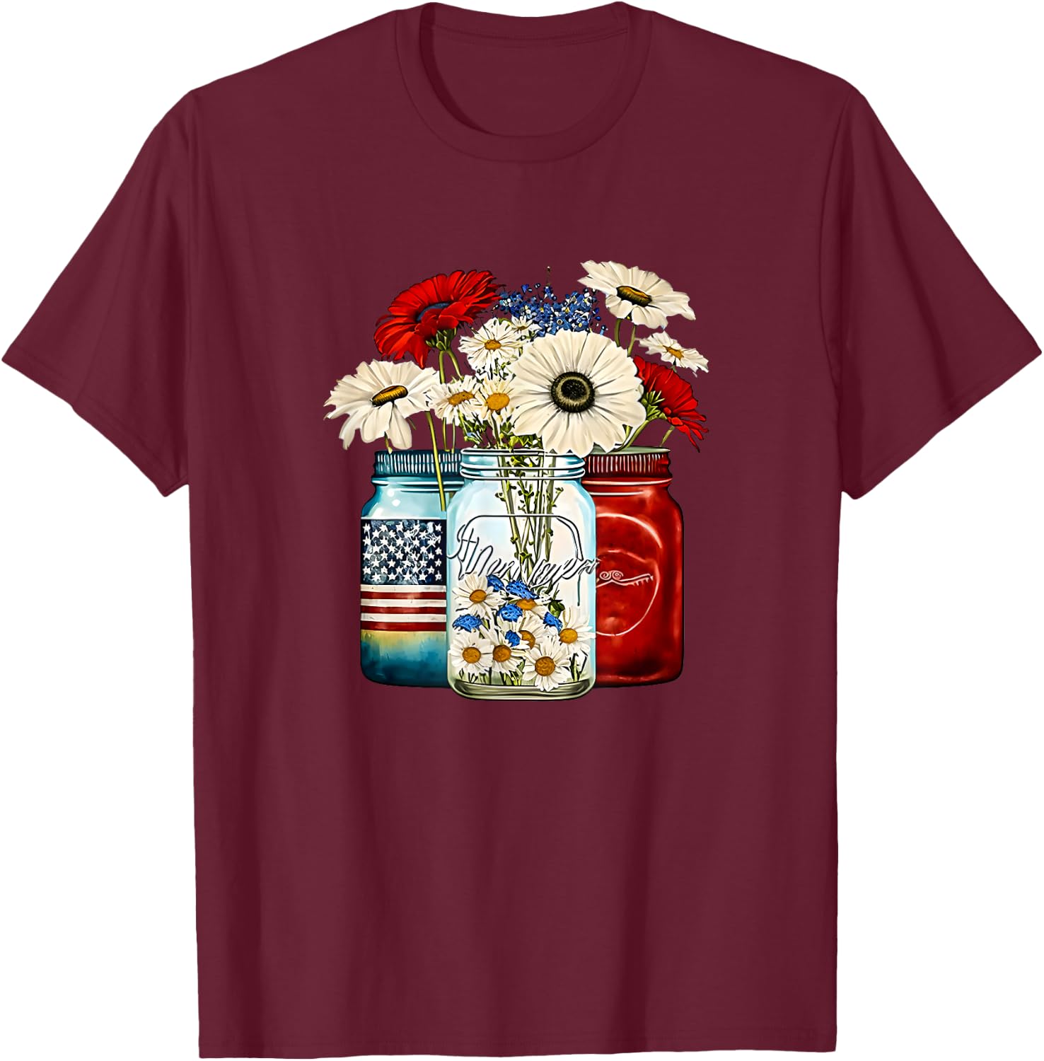 American Patriotic USA Flag Jars with Daisy 4th Of July Men T-Shirt - T-Shirt | Maroon