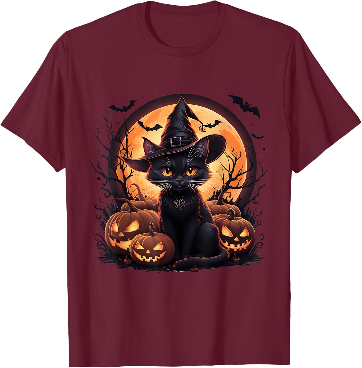 Halloween Black Cat Witch Moon Pumpkins Spooky Lovers Women T-Shirt - T-Shirt | Maroon