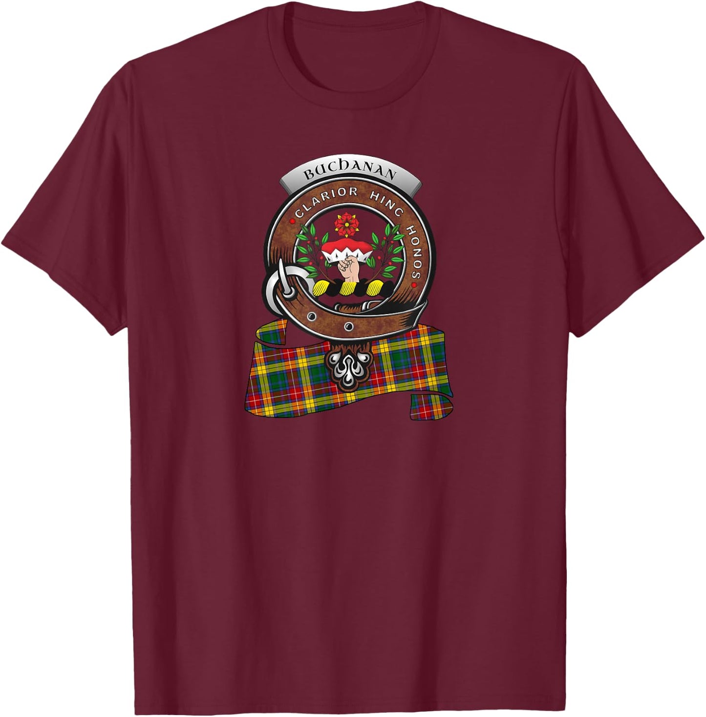 Buchanan Scottish Clan Badge & Tartan T-Shirt - T-Shirt | Maroon