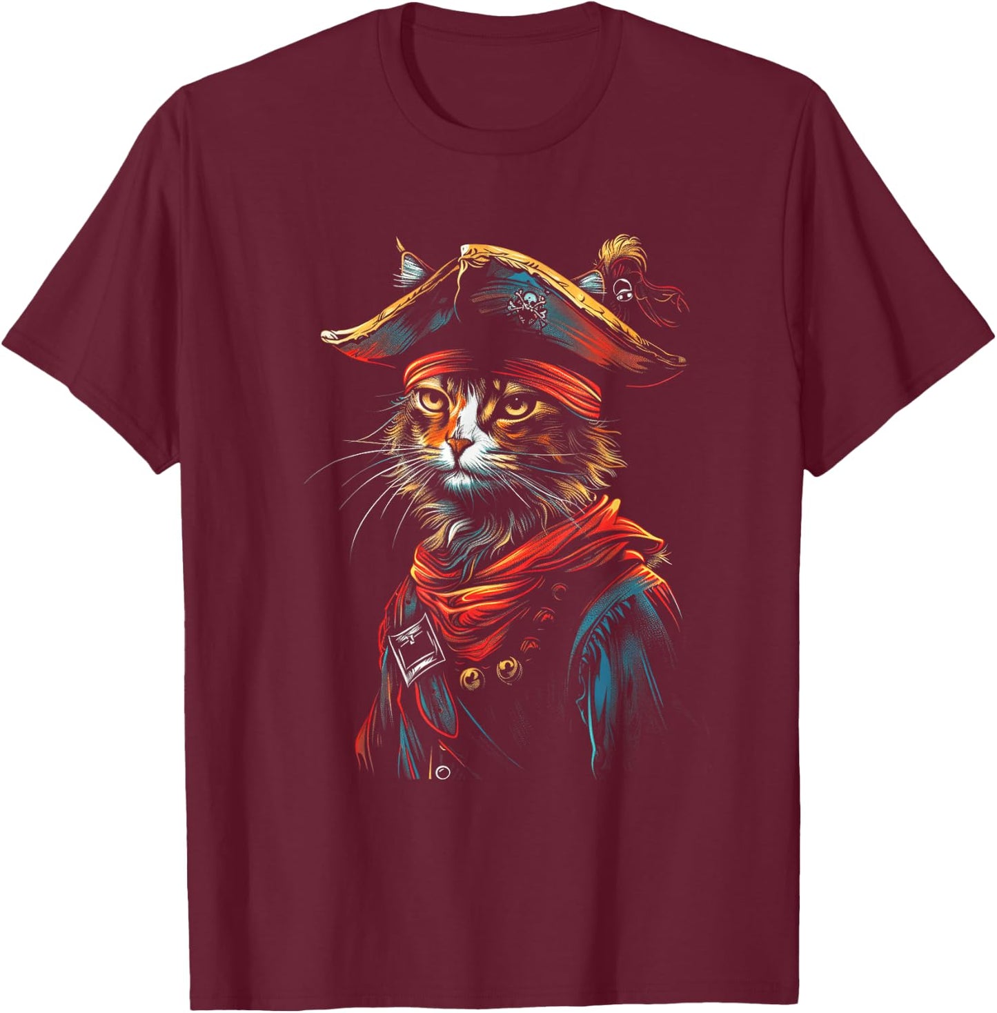 Pet Pirates Nautical Cat Pirate Costume Cat - Black, Small, -Adults, Short Sleeve, , Halloween Cat Pirate T-Shirt - T-Shirt | Maroon
