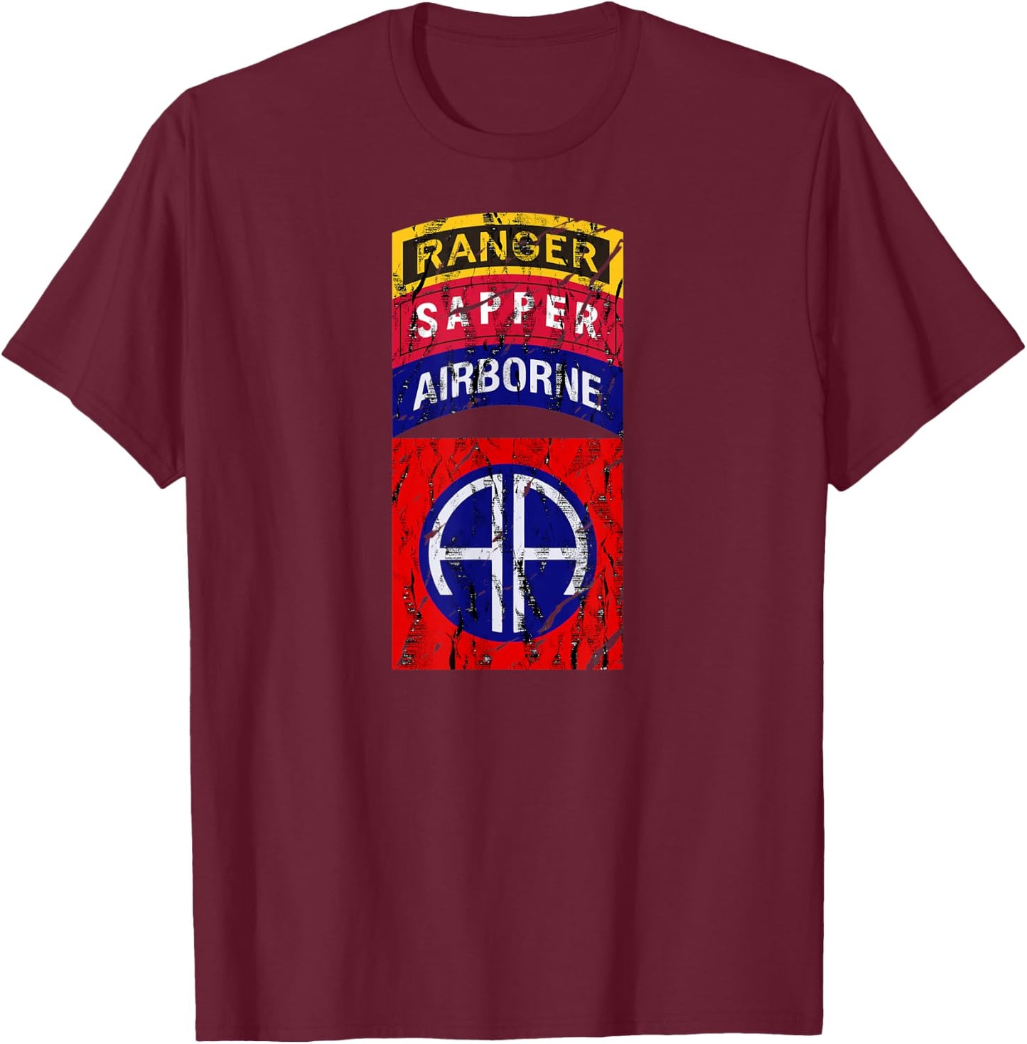 82nd Airborne Division Ranger Sapper Tab Shirt - Distressed T-Shirt - T-Shirt | Maroon