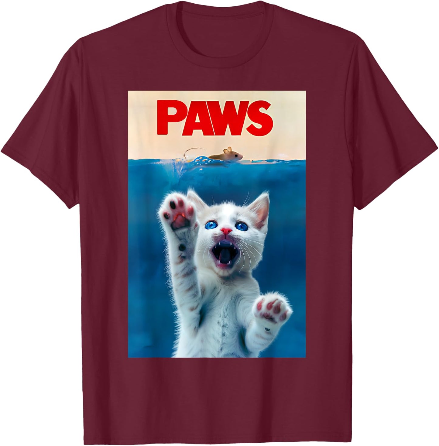 PAWS Funny Cat parody cat Lover Gift Kitten Shark Mouse meow T-Shirt - T-Shirt | Maroon