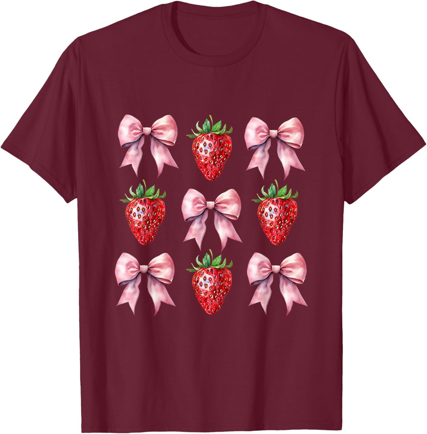 Cute Pink Bow Coquette Strawberry T-Shirt - T-Shirt | Maroon